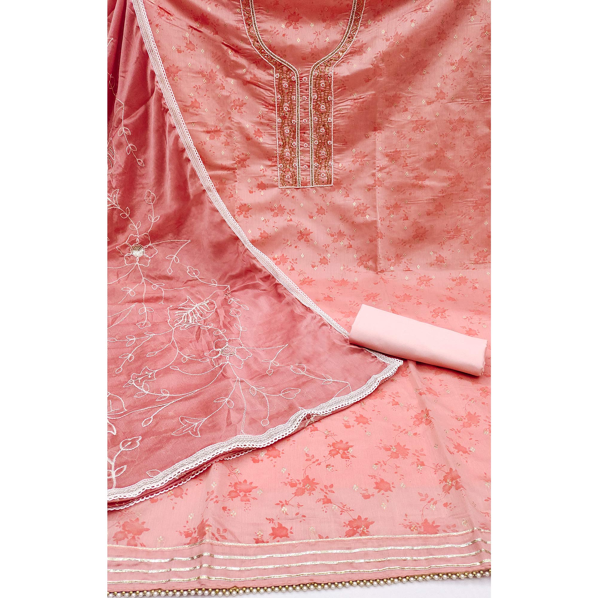 Peach Digital Printed With Woven Chanderi Silk Dress Material