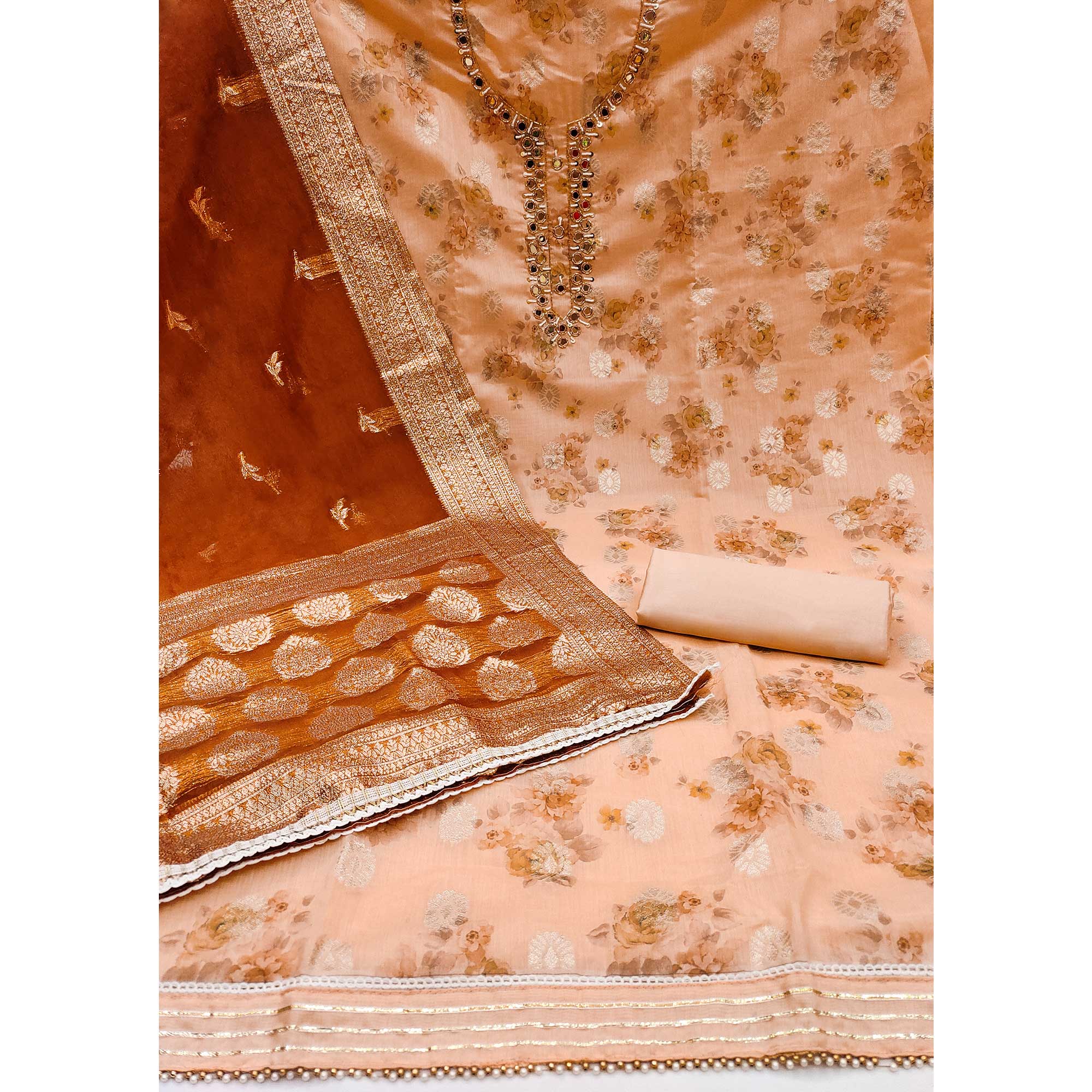Peach Woven With Digital Printed Chanderi Silk Dress Material