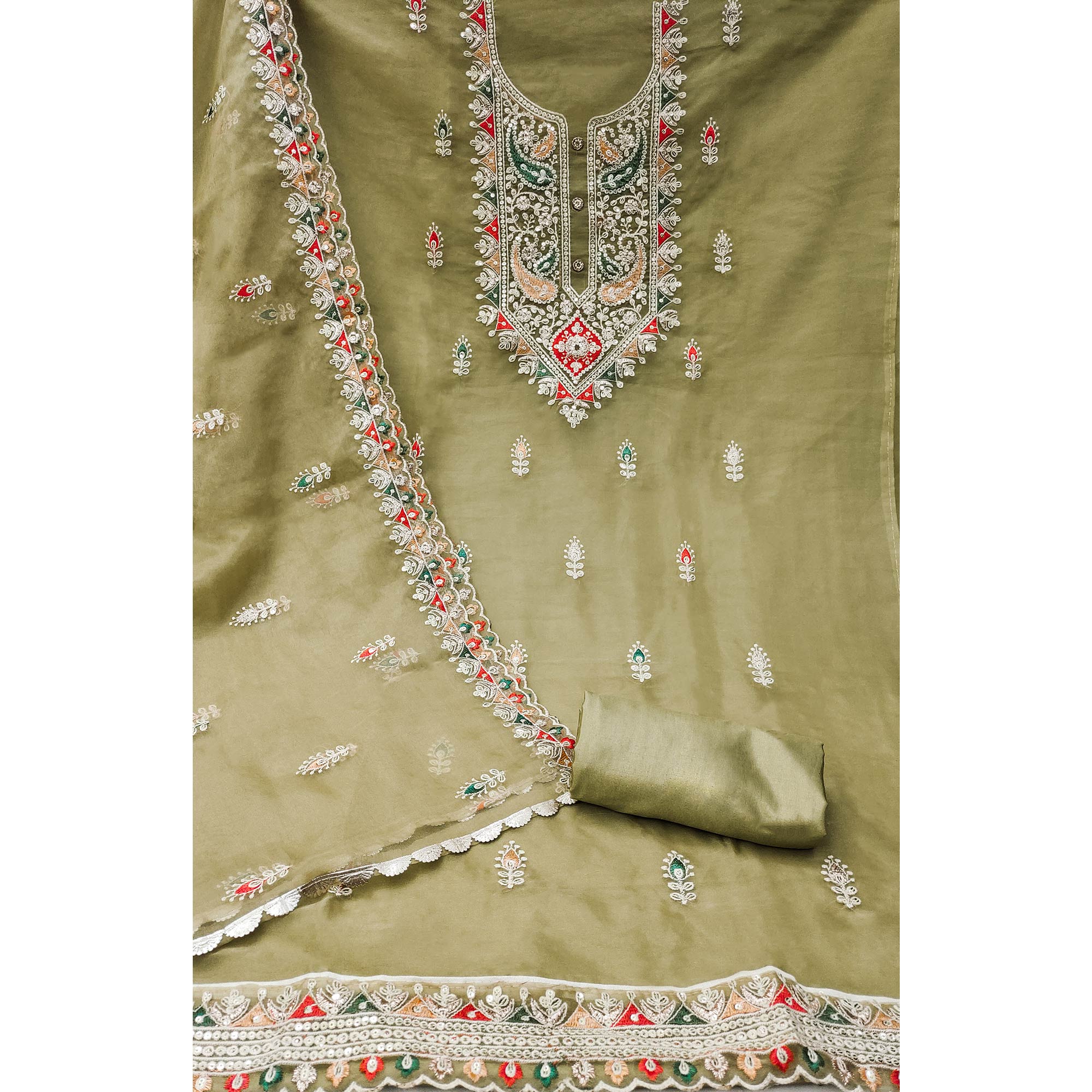 Green Floral Embroidered Organza Dress Material