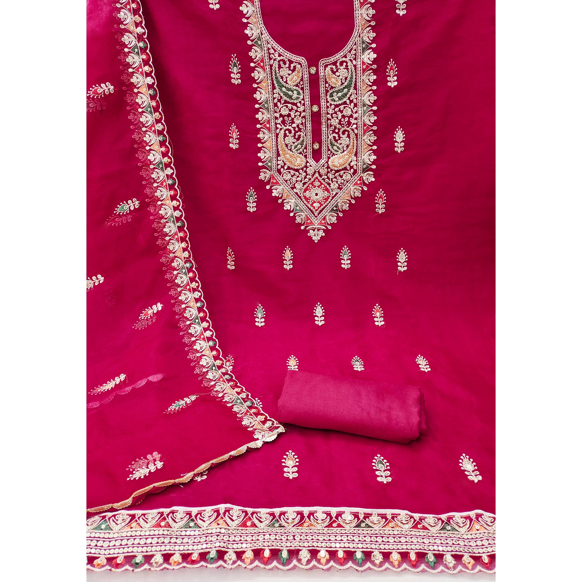 Pink Floral Embroidered Organza Dress Material