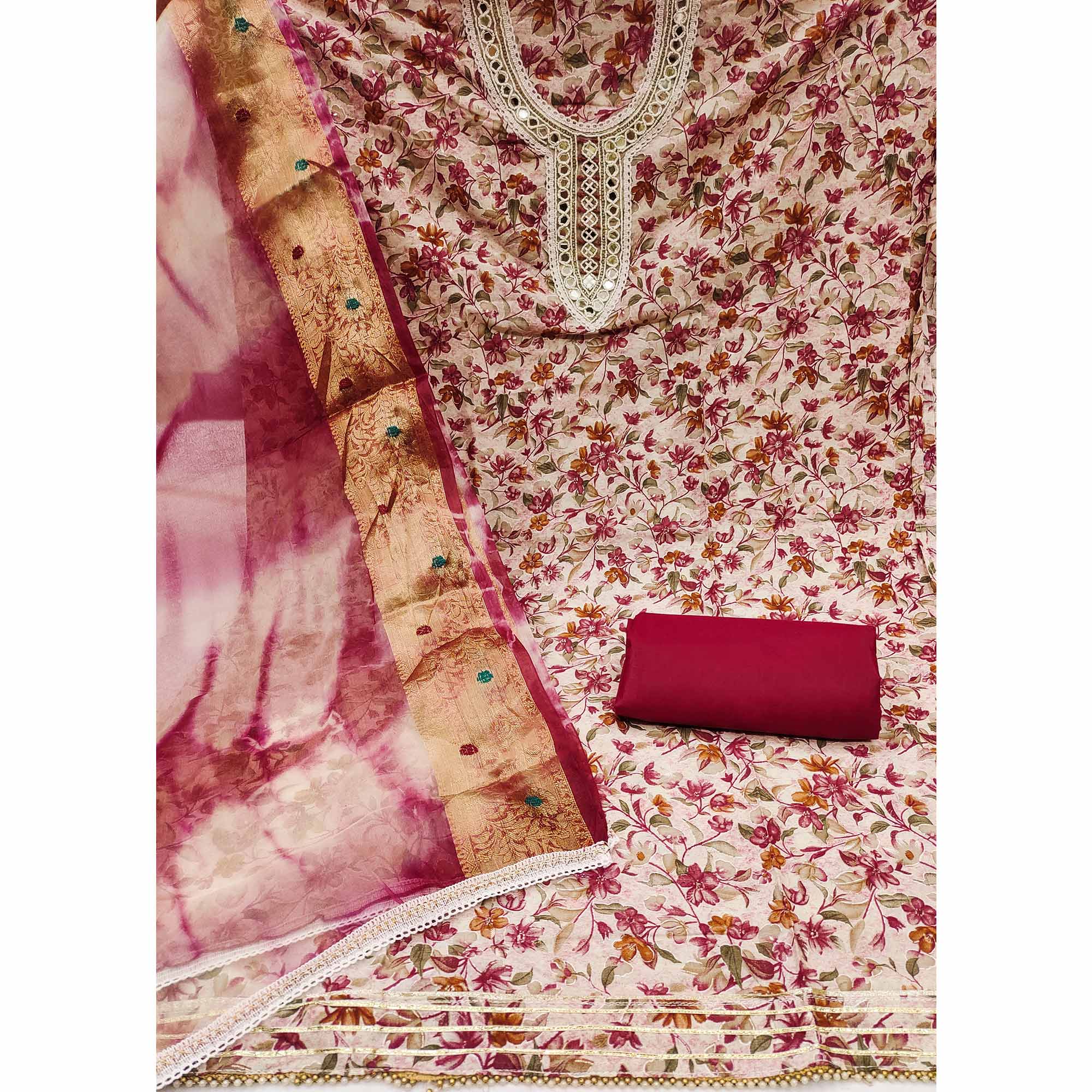 Cream & Maroon Floral Digital Printed With Handwork Pure Cotton Dress Material