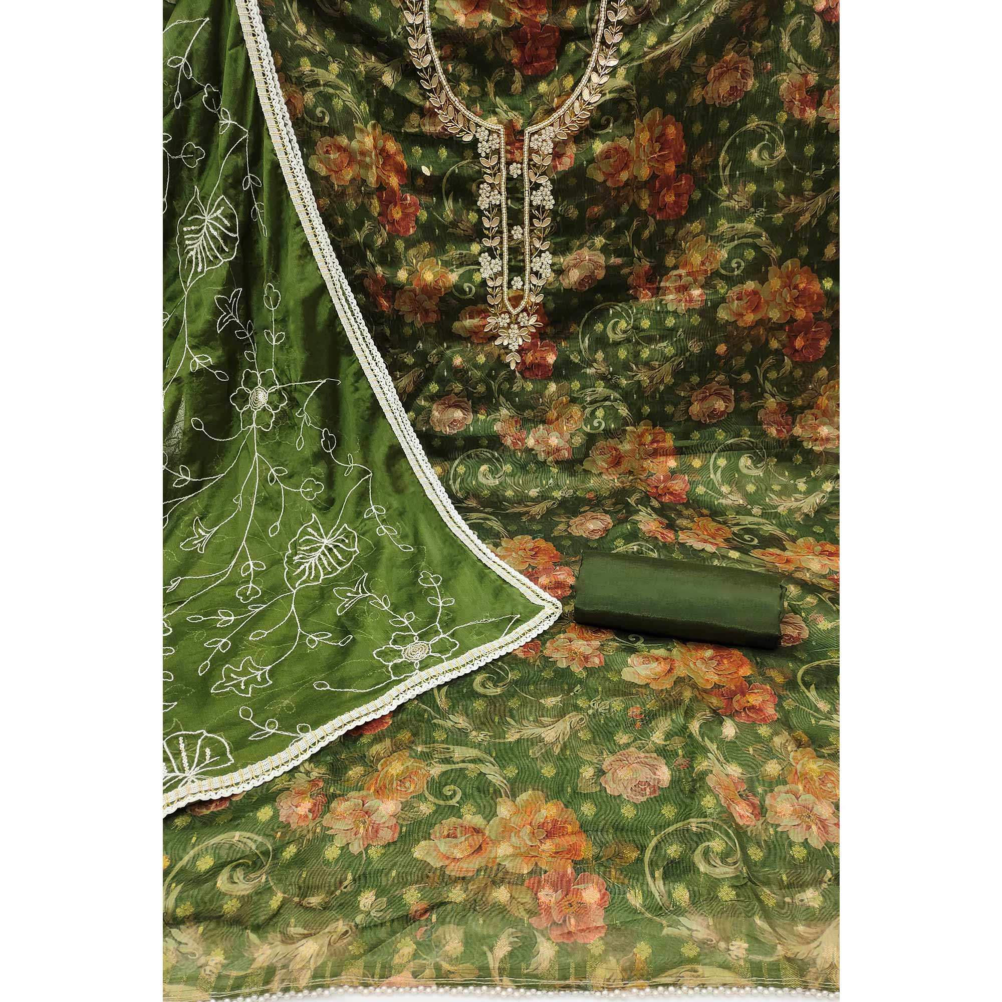 Green Floral Digital Printed With Moti Work Organza Dress Material