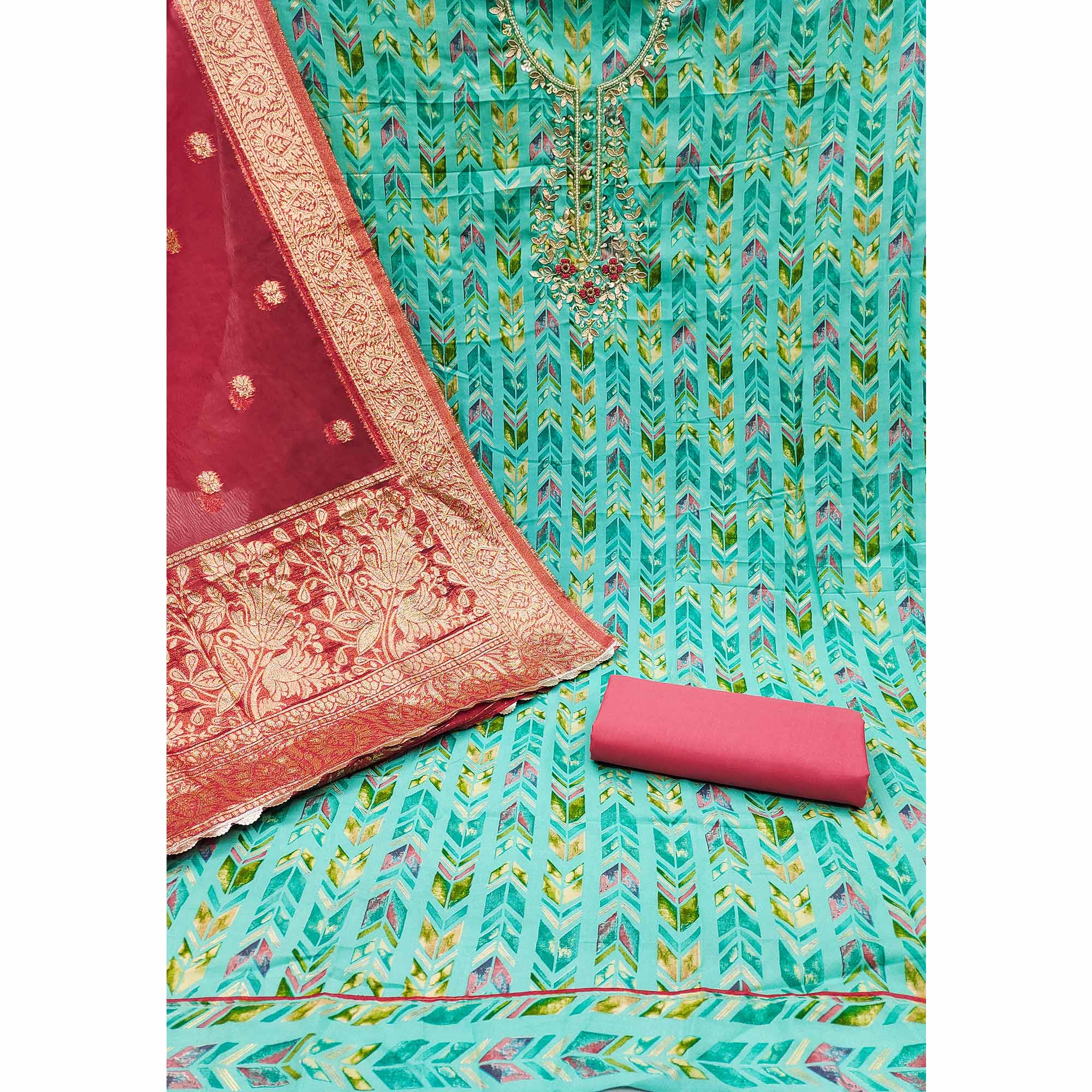 Turquoise Digital Printed With Handwork Pure Cotton Dress Material