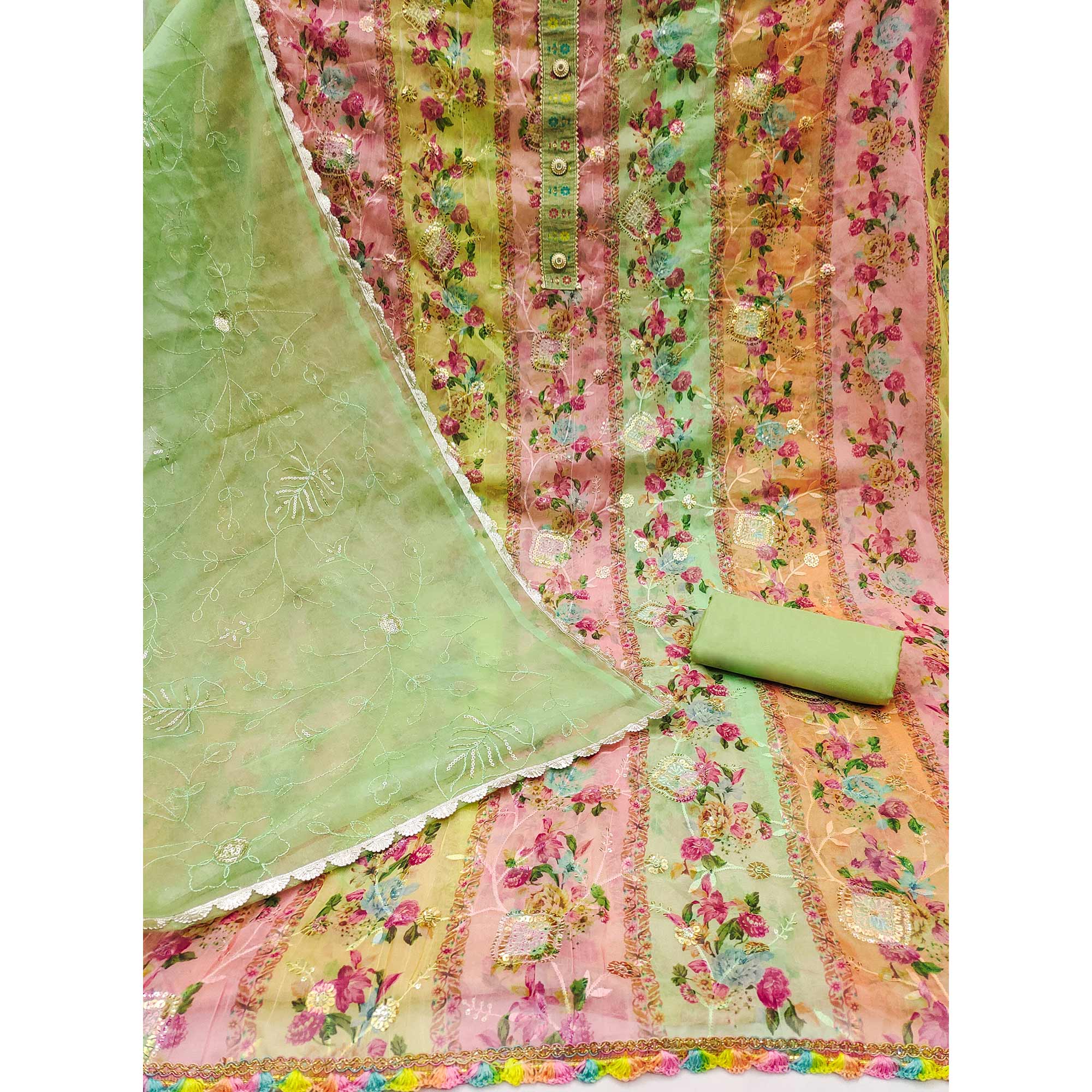 Green Floral Embroidered With Printed Organza Dress Material