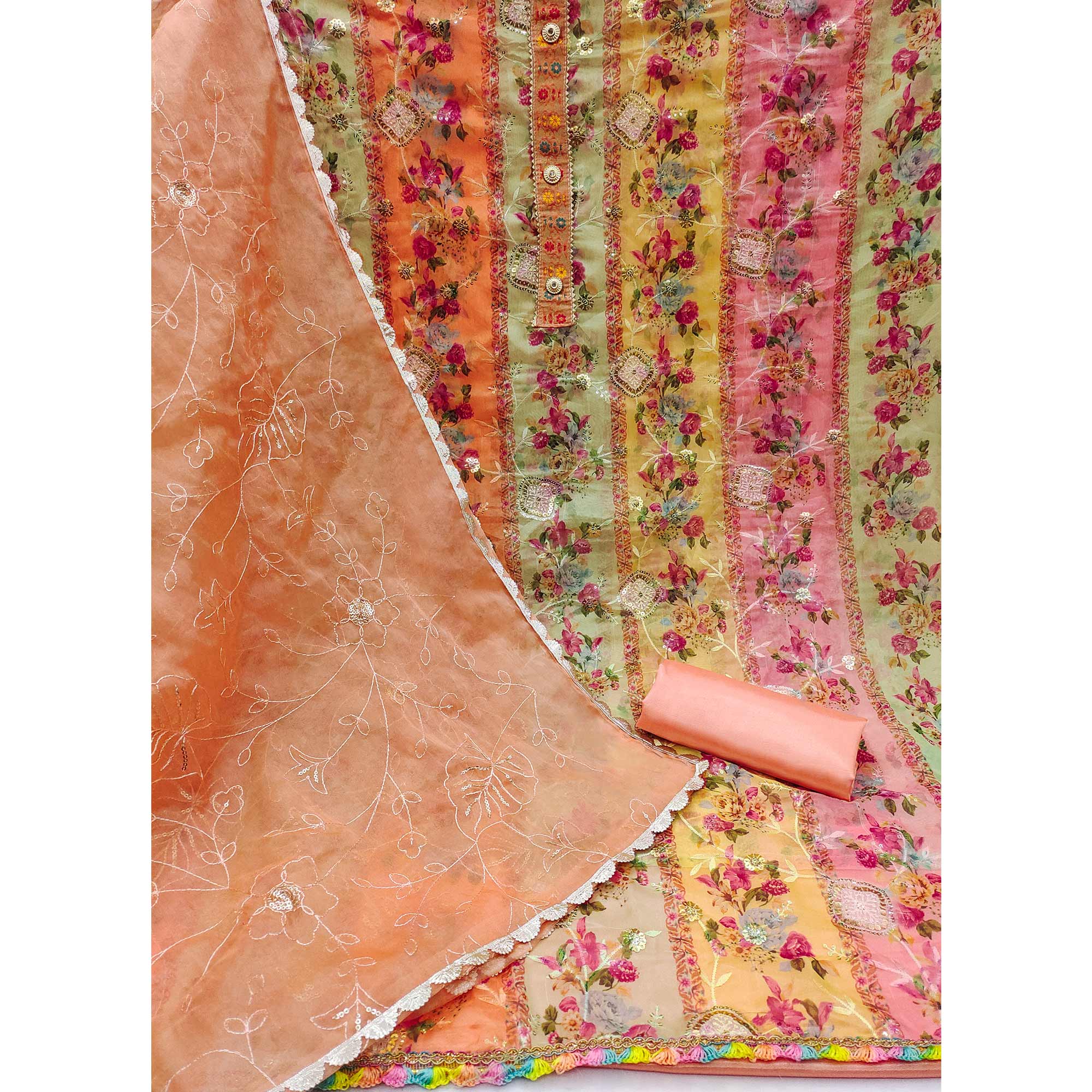 Peach Floral Embroidered With Printed Organza Dress Material