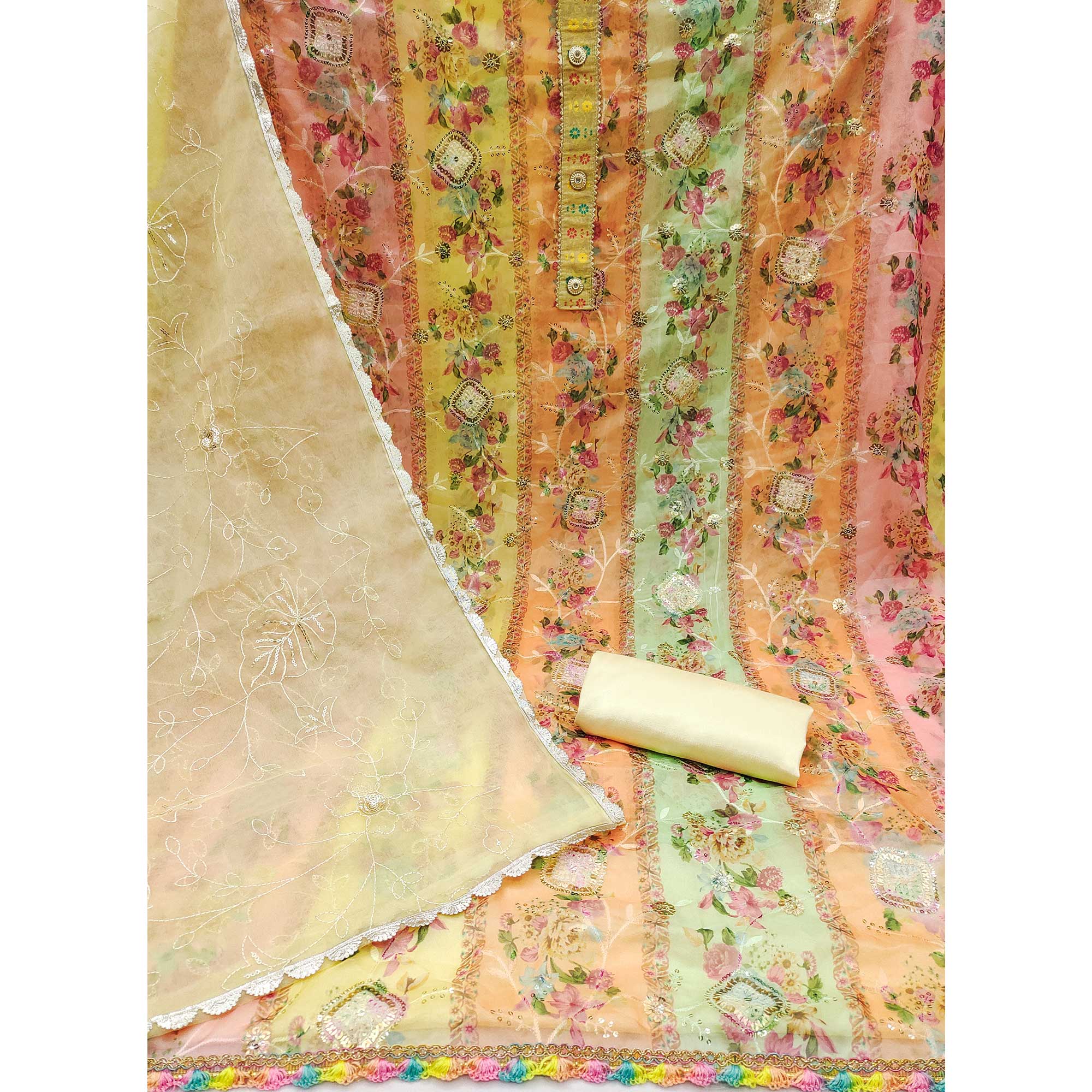 Yellow Floral Embroidered With Printed Organza Dress Material