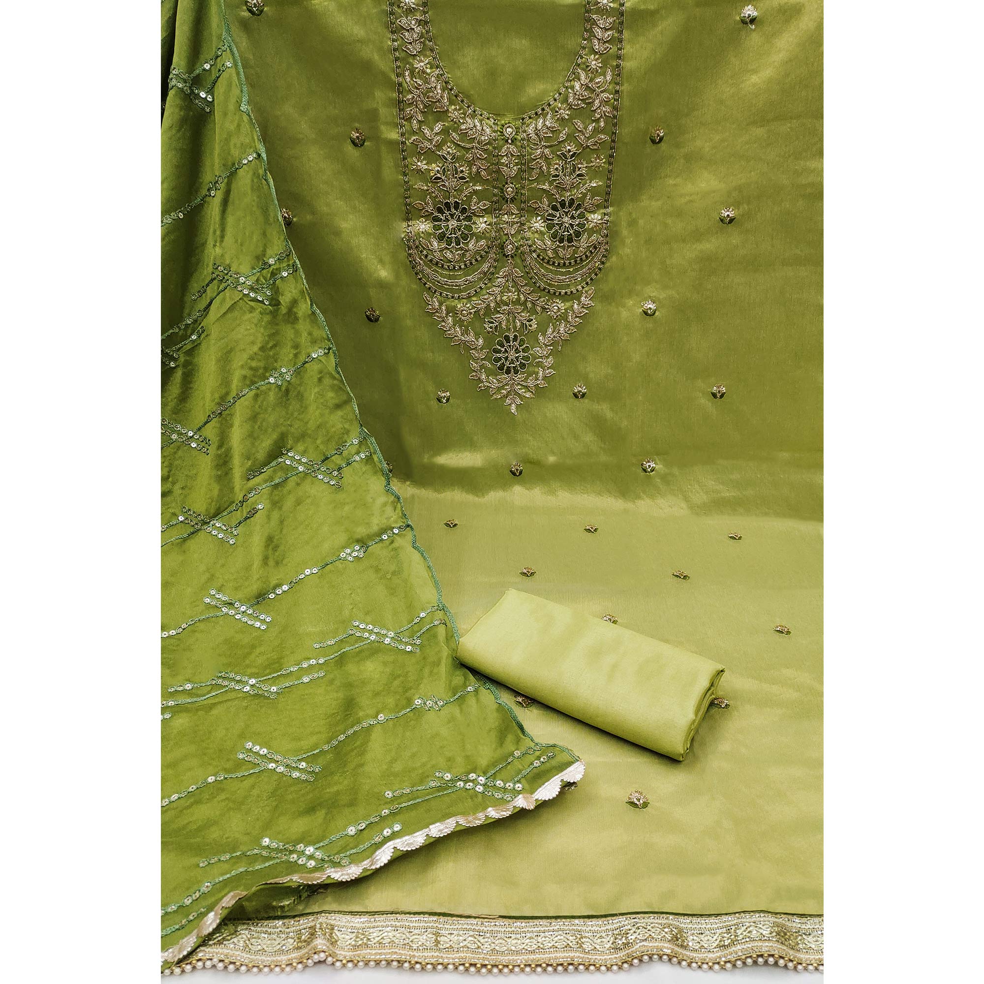 Green Embroidered Viscose Dress Material