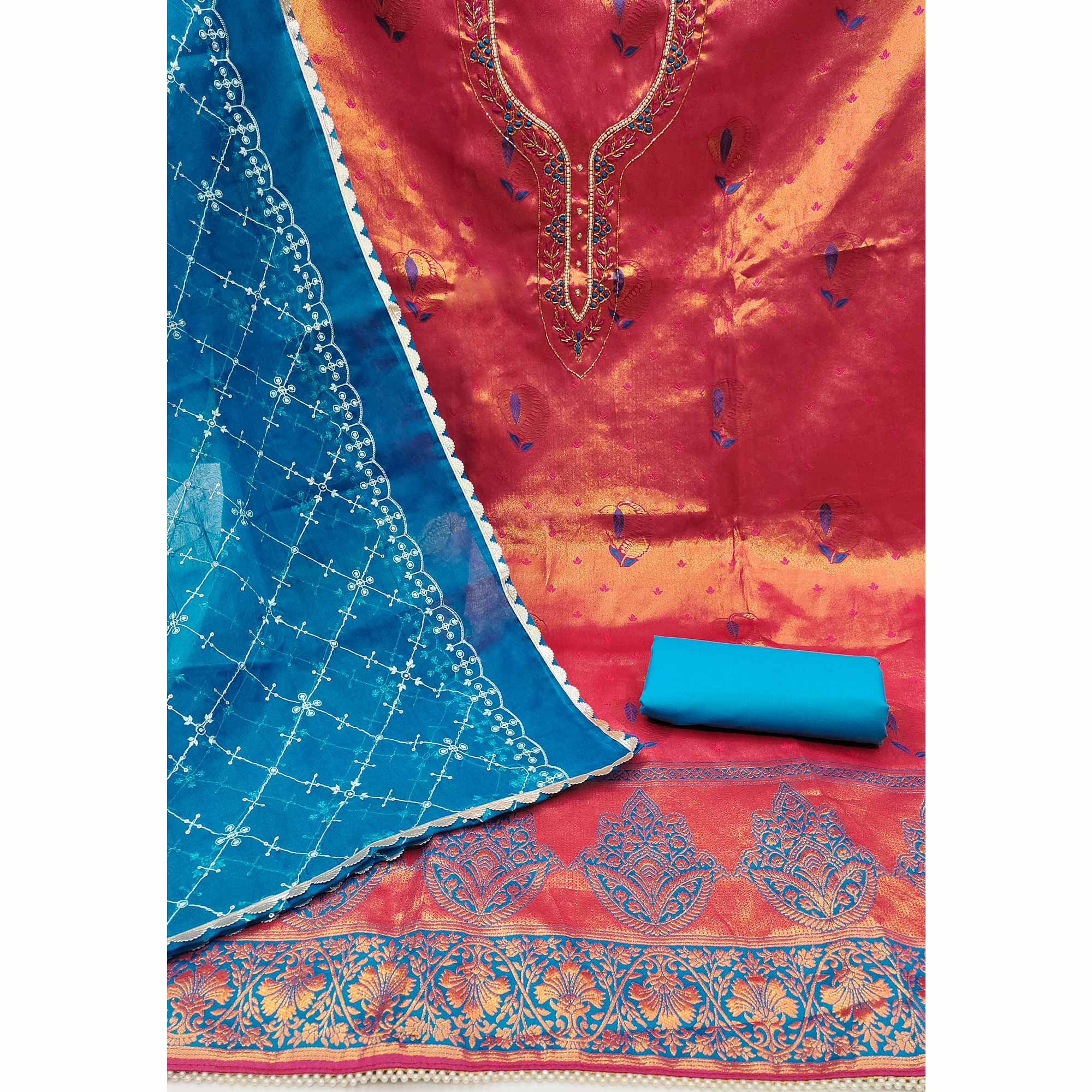 Gajri Pink Woven Banarasi Silk Dress Material