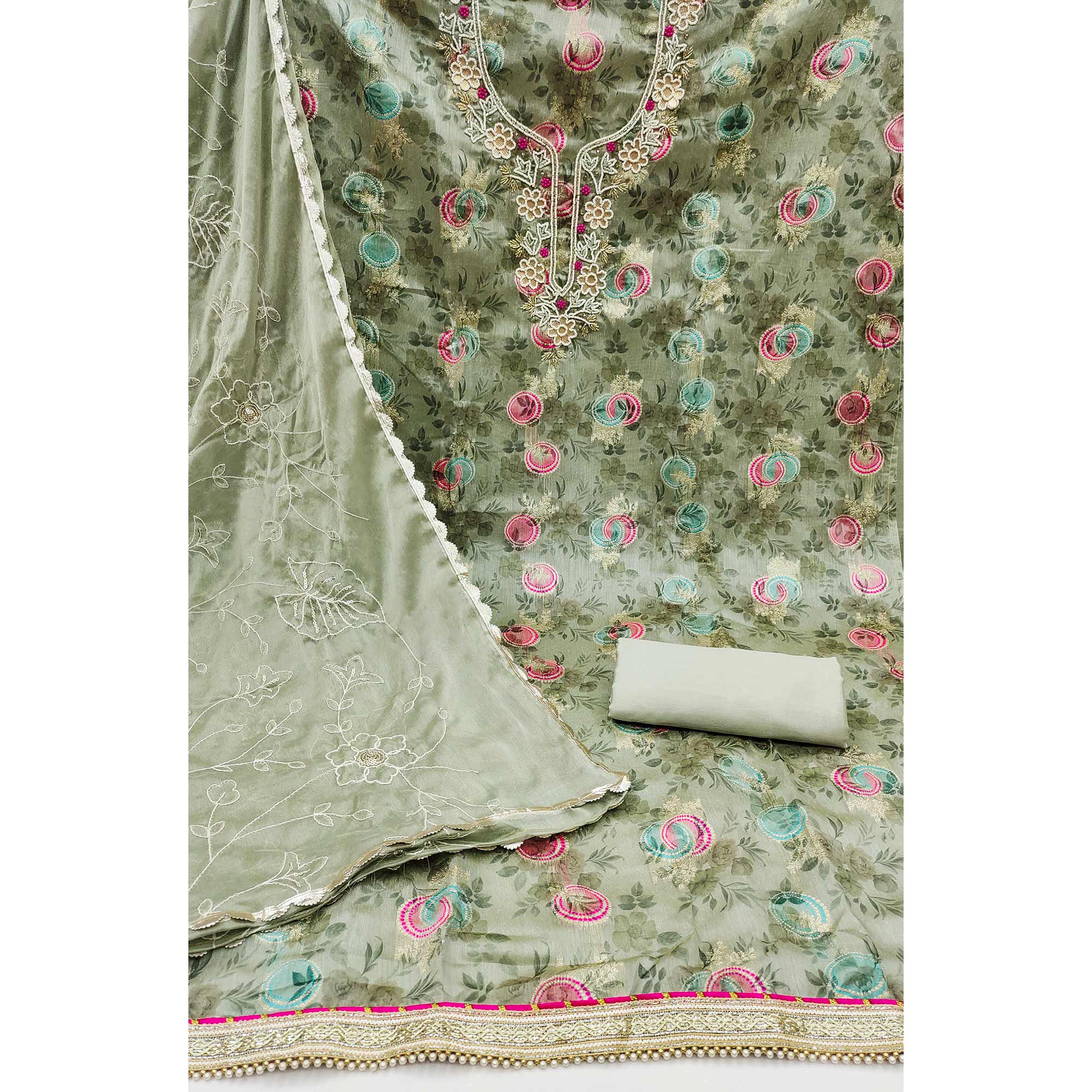 Green Woven Chanderi Silk Dress Material