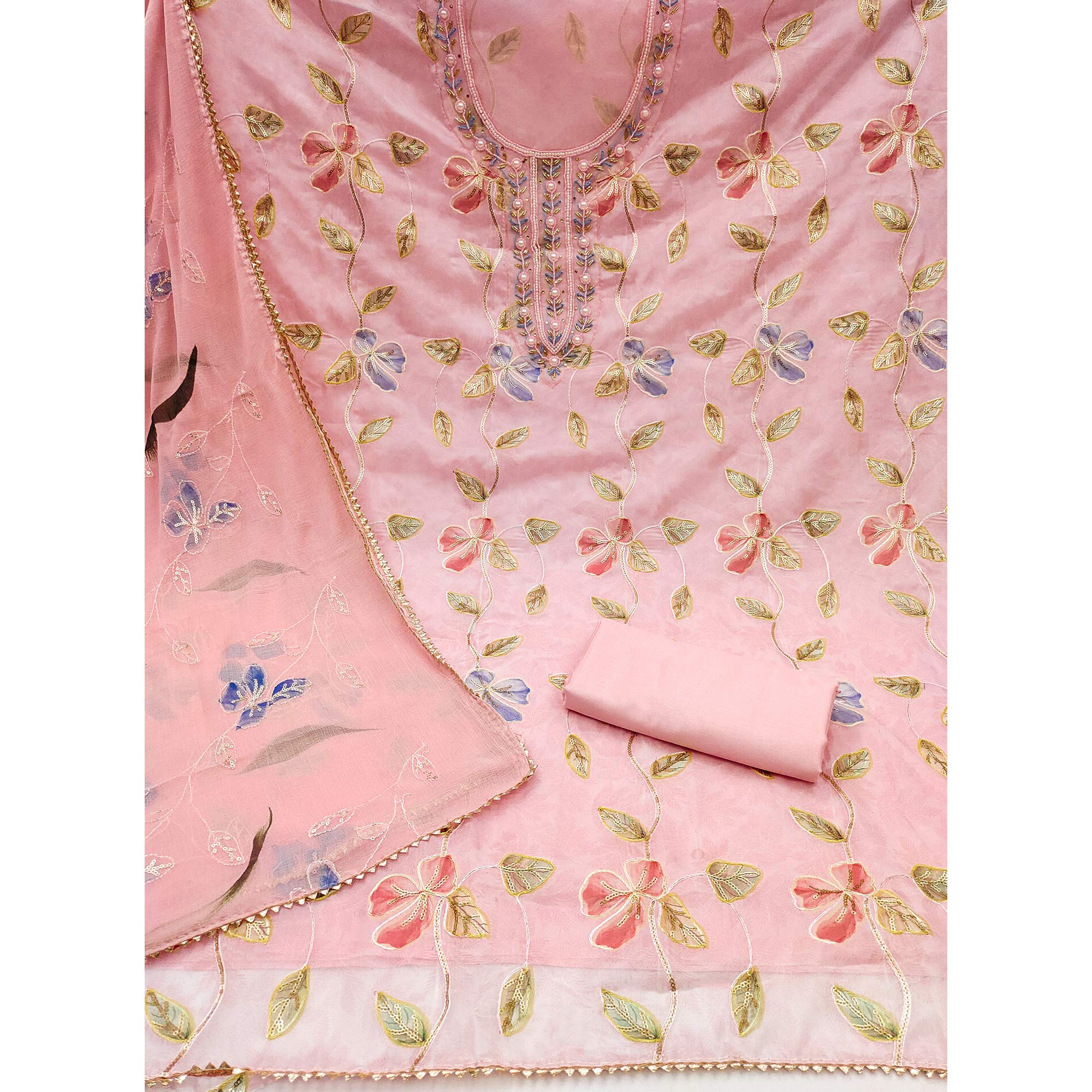 Pink Floral Printed Organza Dress Material
