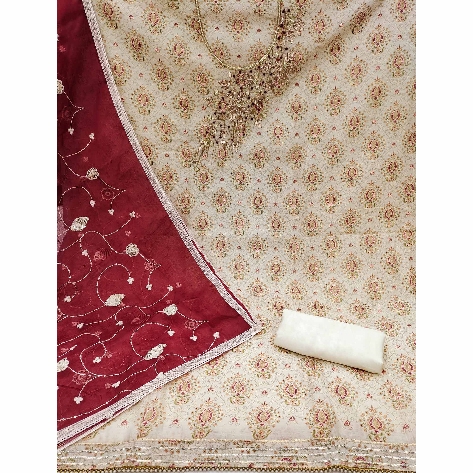 Off White & Maroon Printed Chanderi Silk Dress Material
