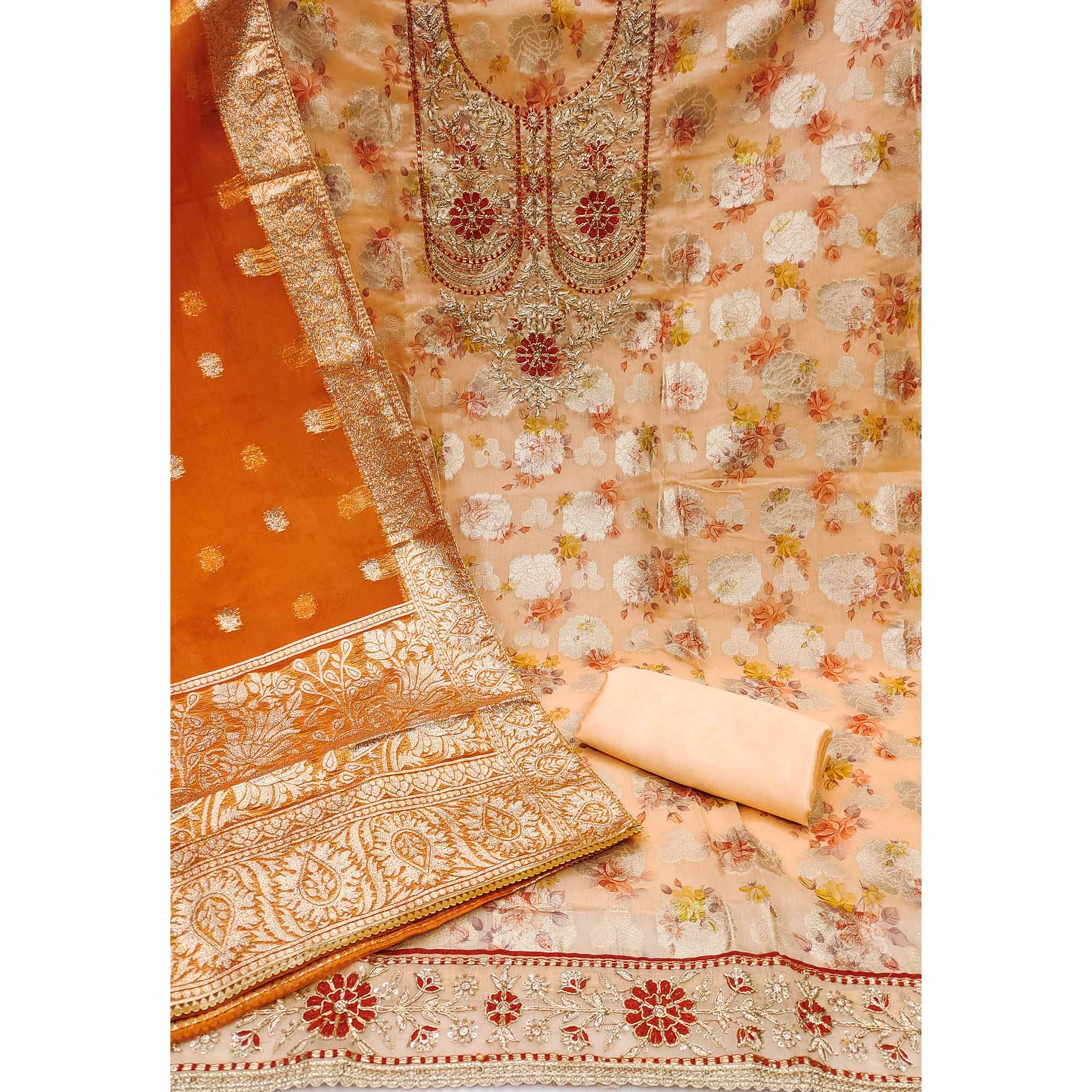 Light Orange Floral Woven Banarasi Silk Dress Material