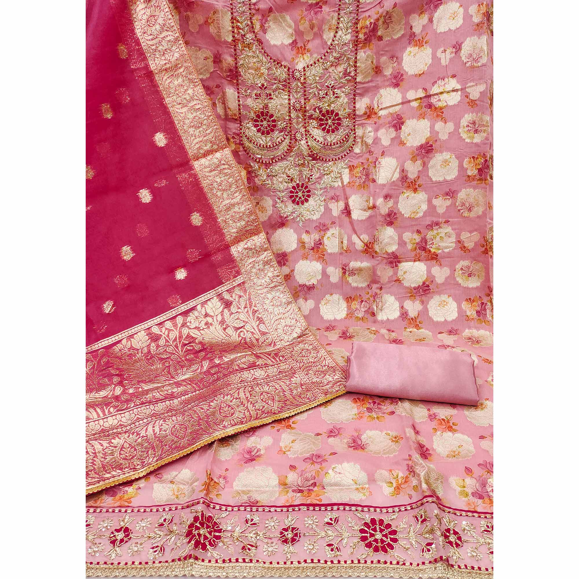 Pink Floral Woven Banarasi Silk Dress Material