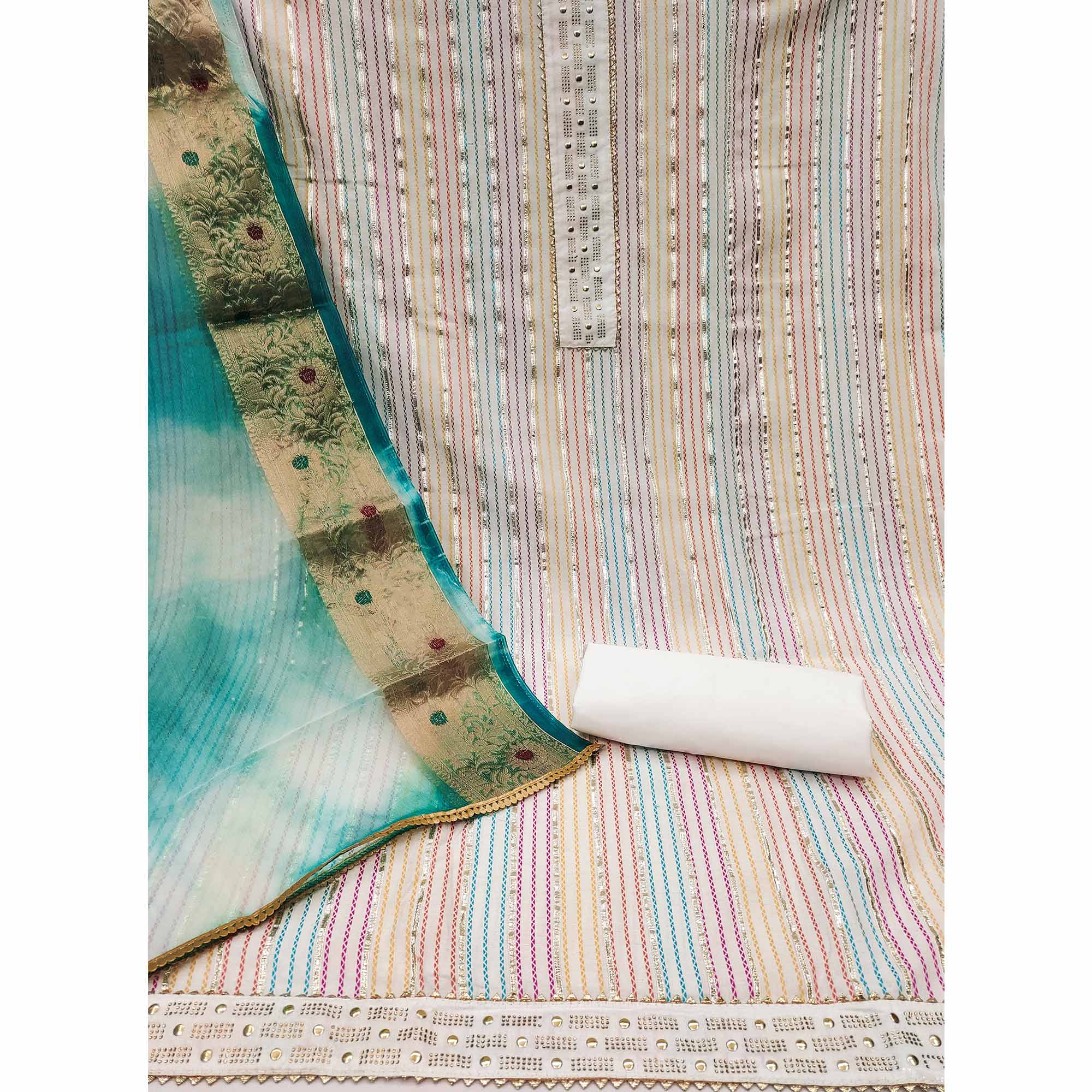 White Striped Woven Pure Cotton Dress Material