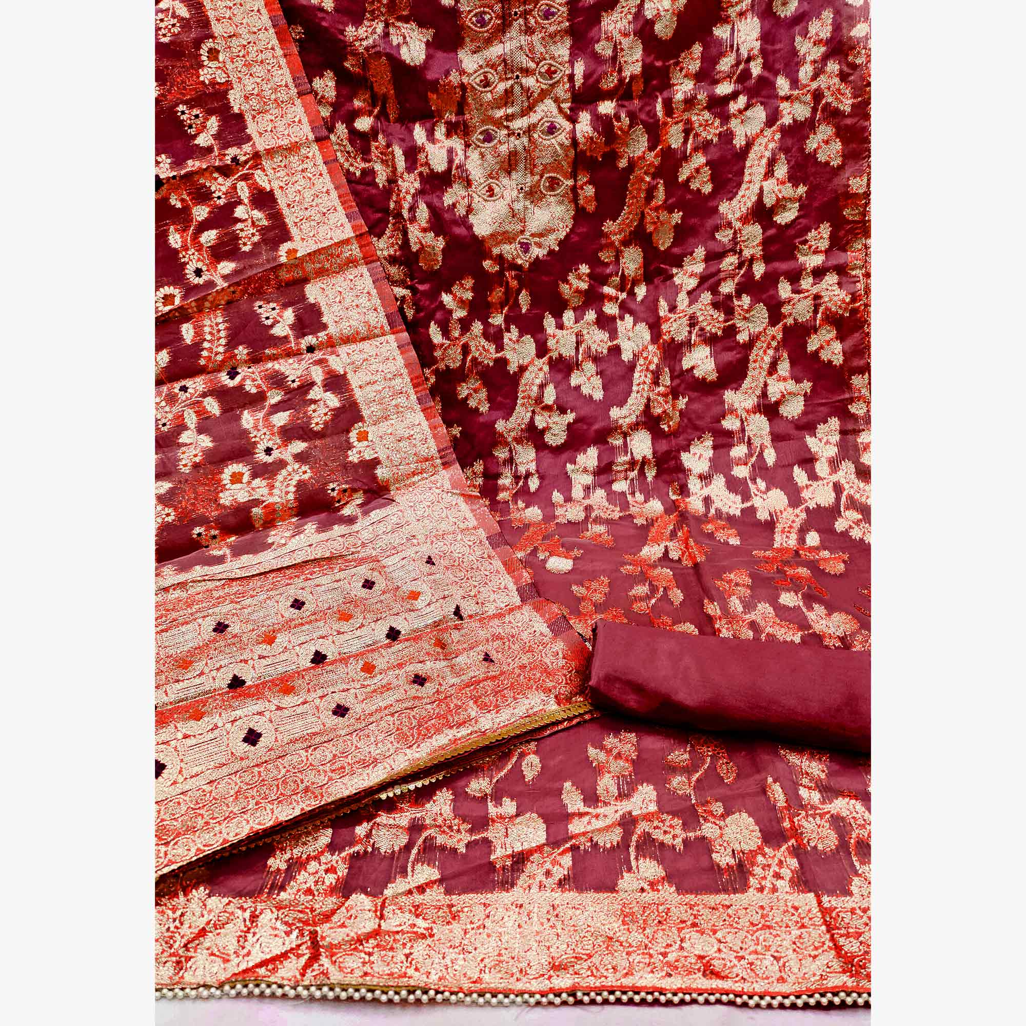 Maroon Woven Organza Dress Material