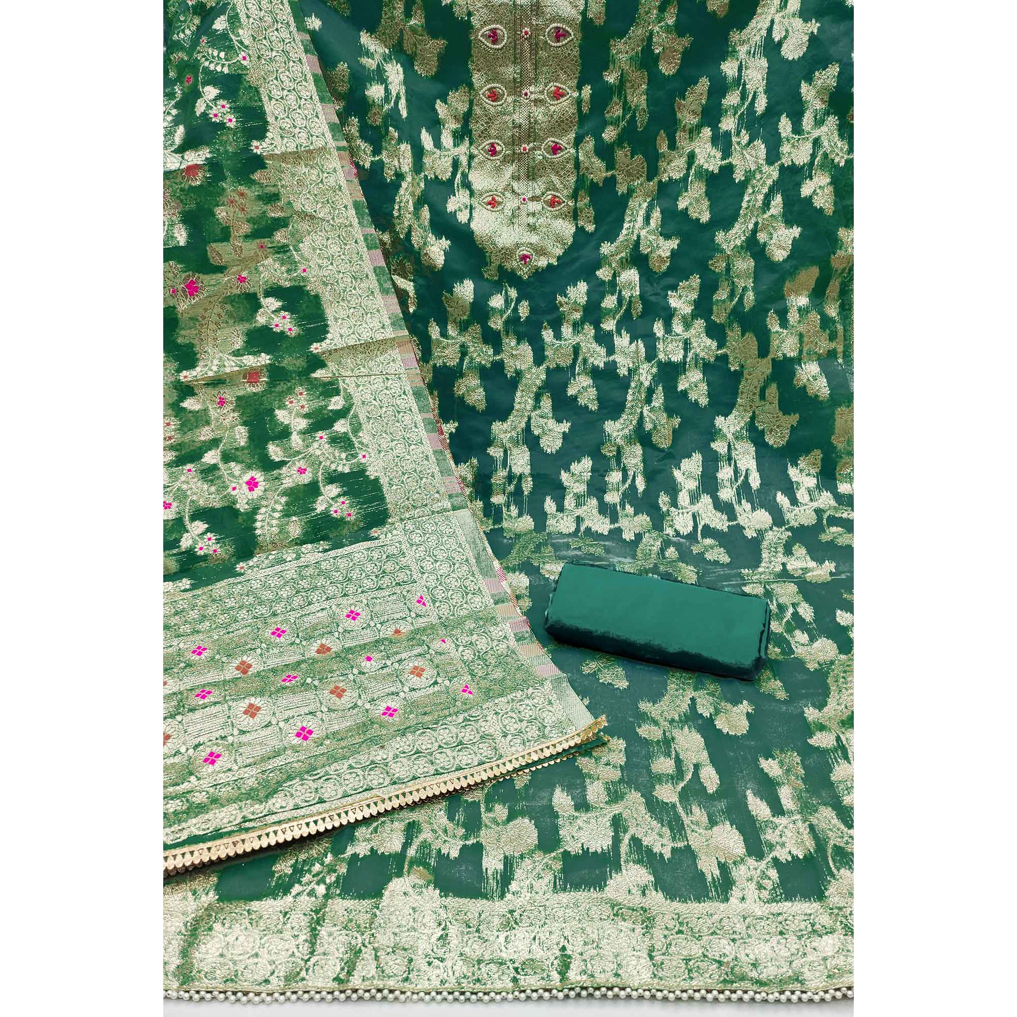 Morpich Green Woven Organza Dress Material