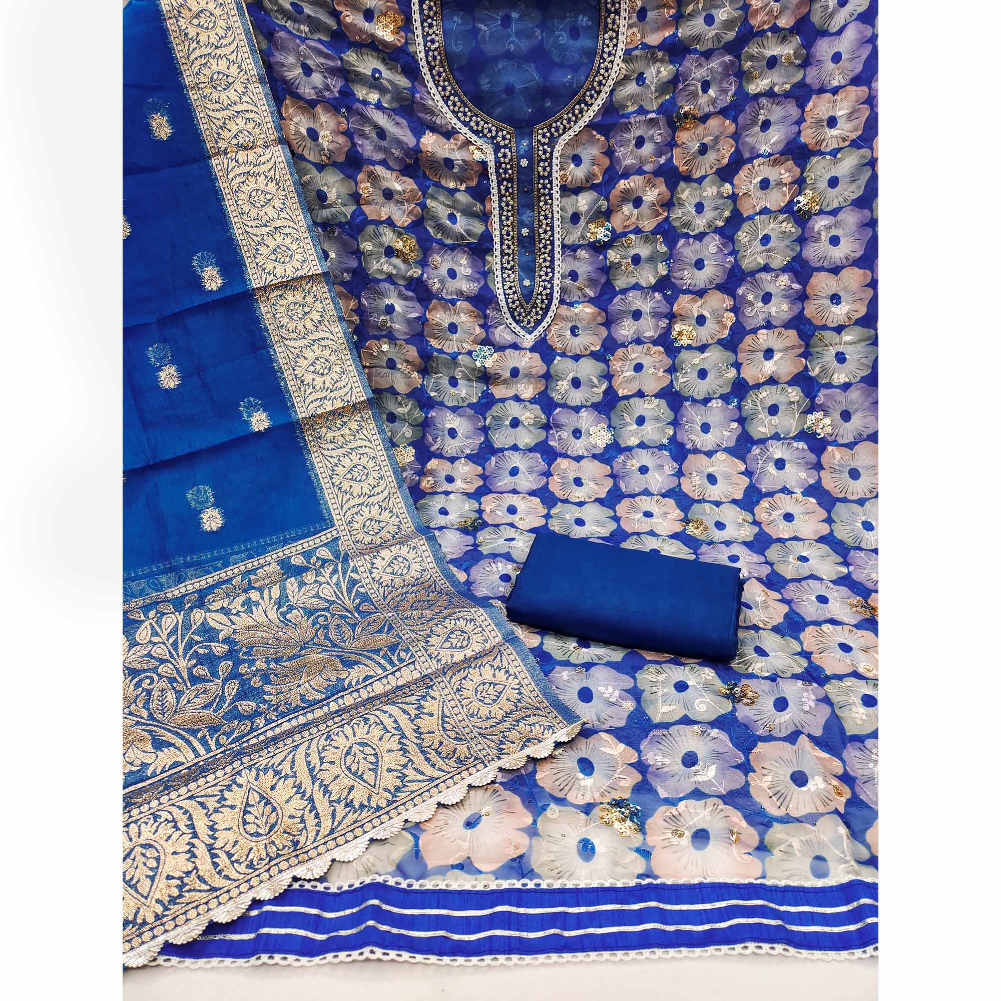 Blue Floral Printed With Embroidered Organza Dress Material