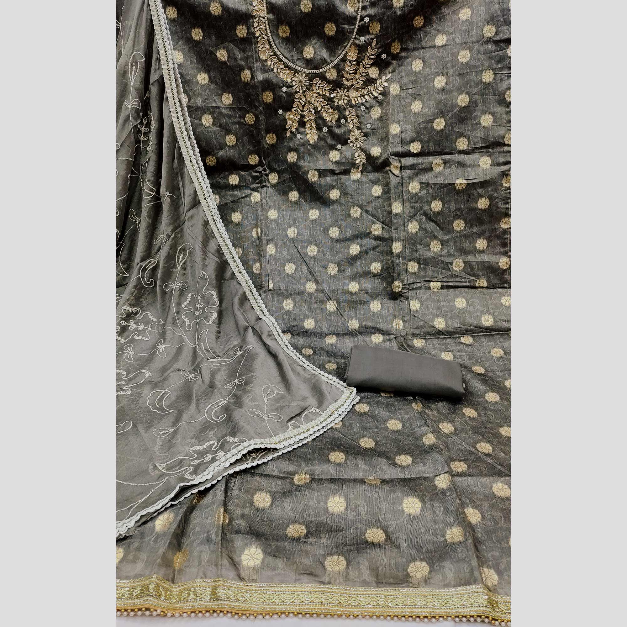 Grey Woven Banarasi Silk Dress Material