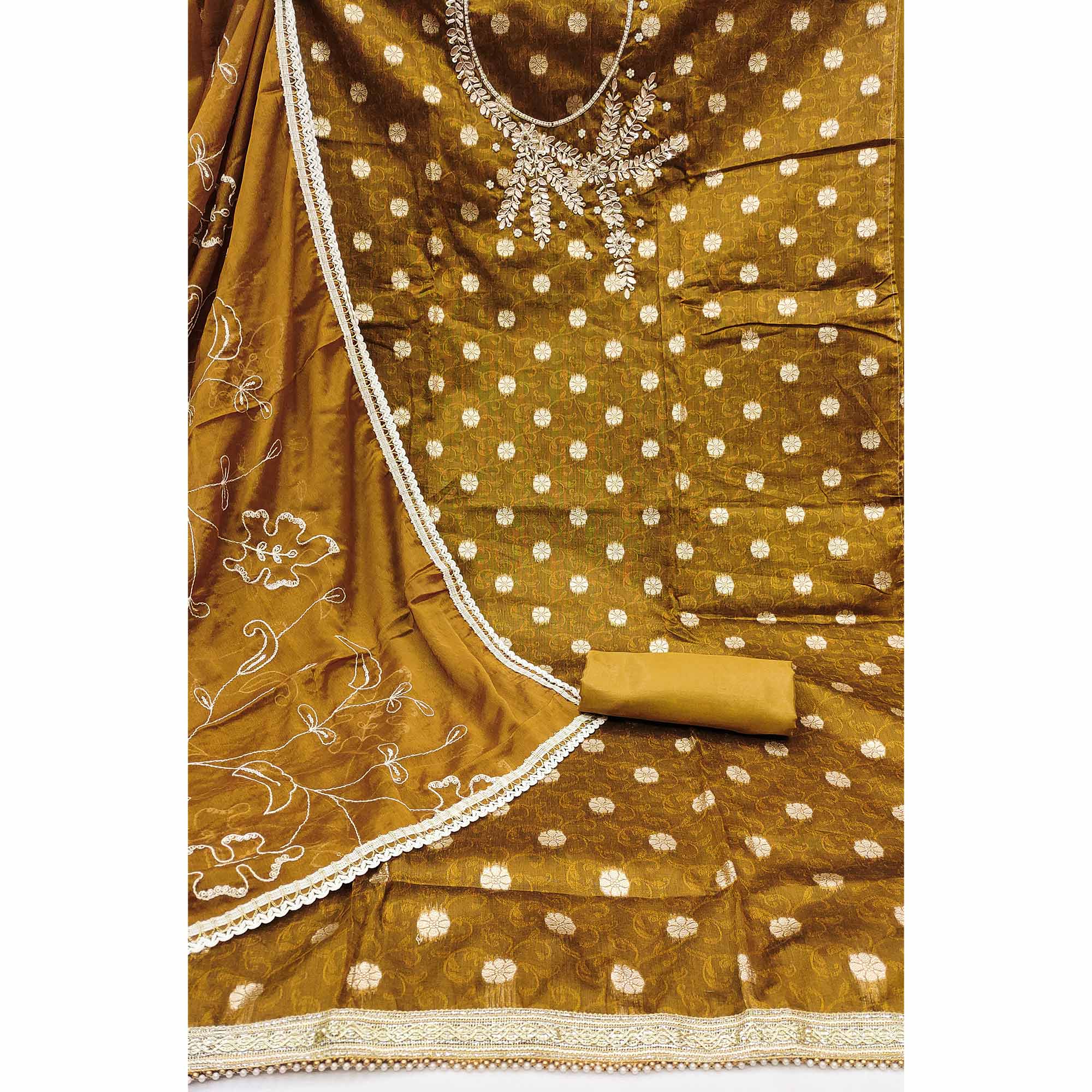 Mustard Woven Banarasi Silk Dress Material