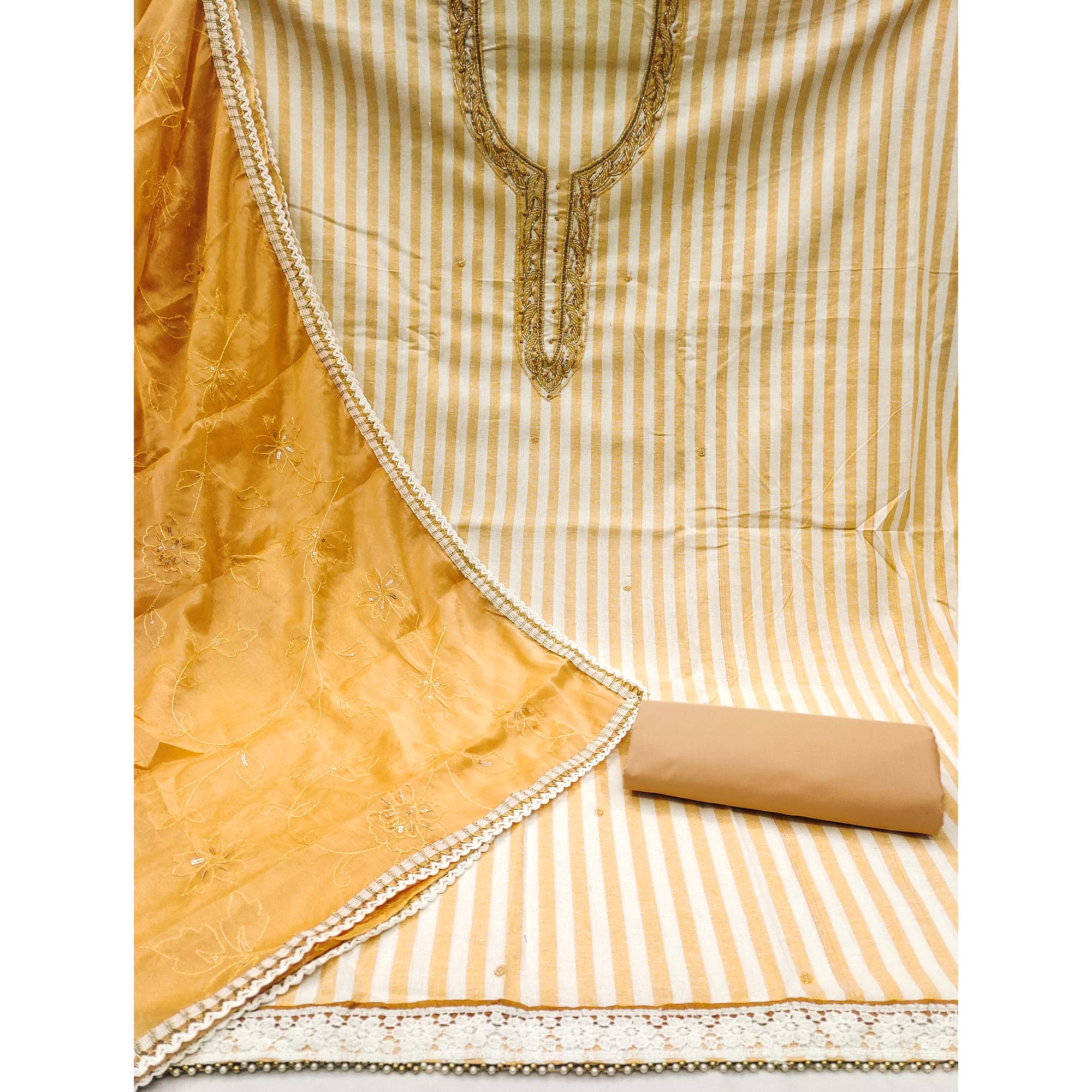 Beige Printed Pure Cotton Dress Material