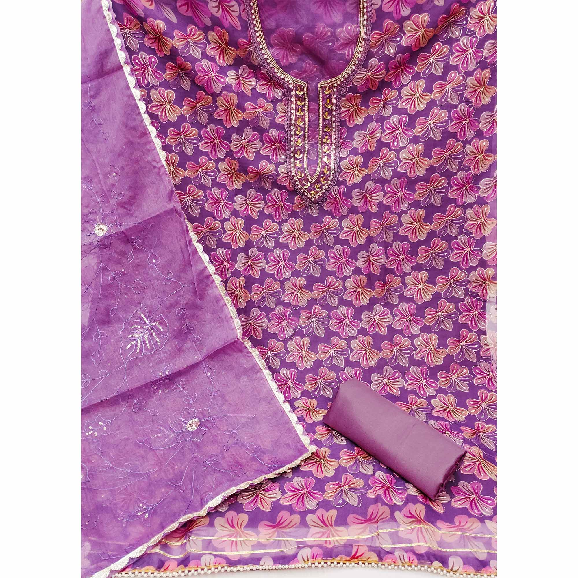 Purple Sequins Embroidered Organza Dress Material