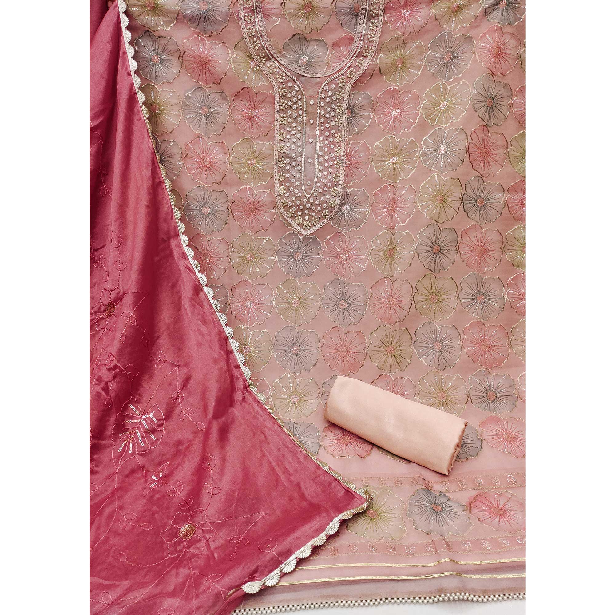 Peach Floral Hand Embroidered Organza Dress Material