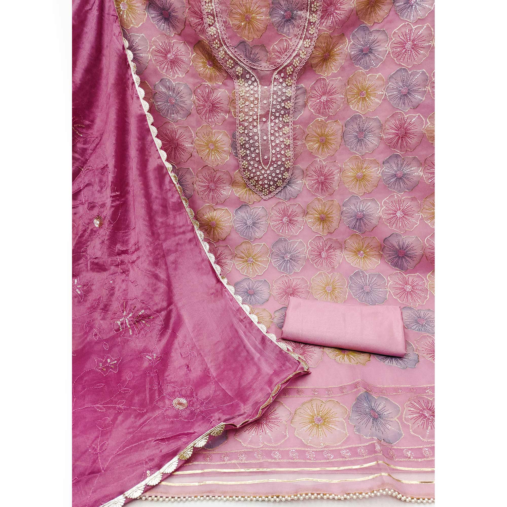 Pink Floral Hand Embroidered Organza Dress Material