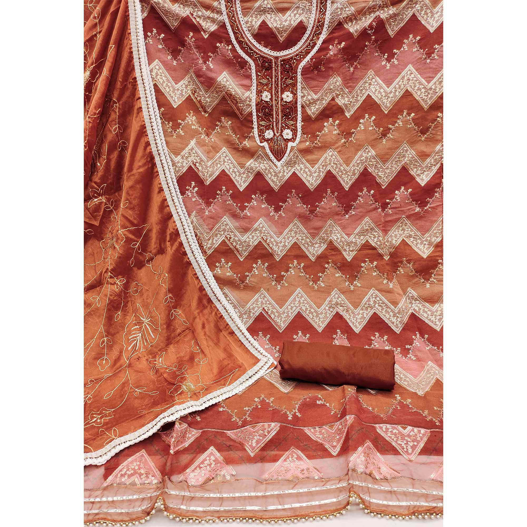 Rust Sequins Embroidered With Handwork Organza Dress Material