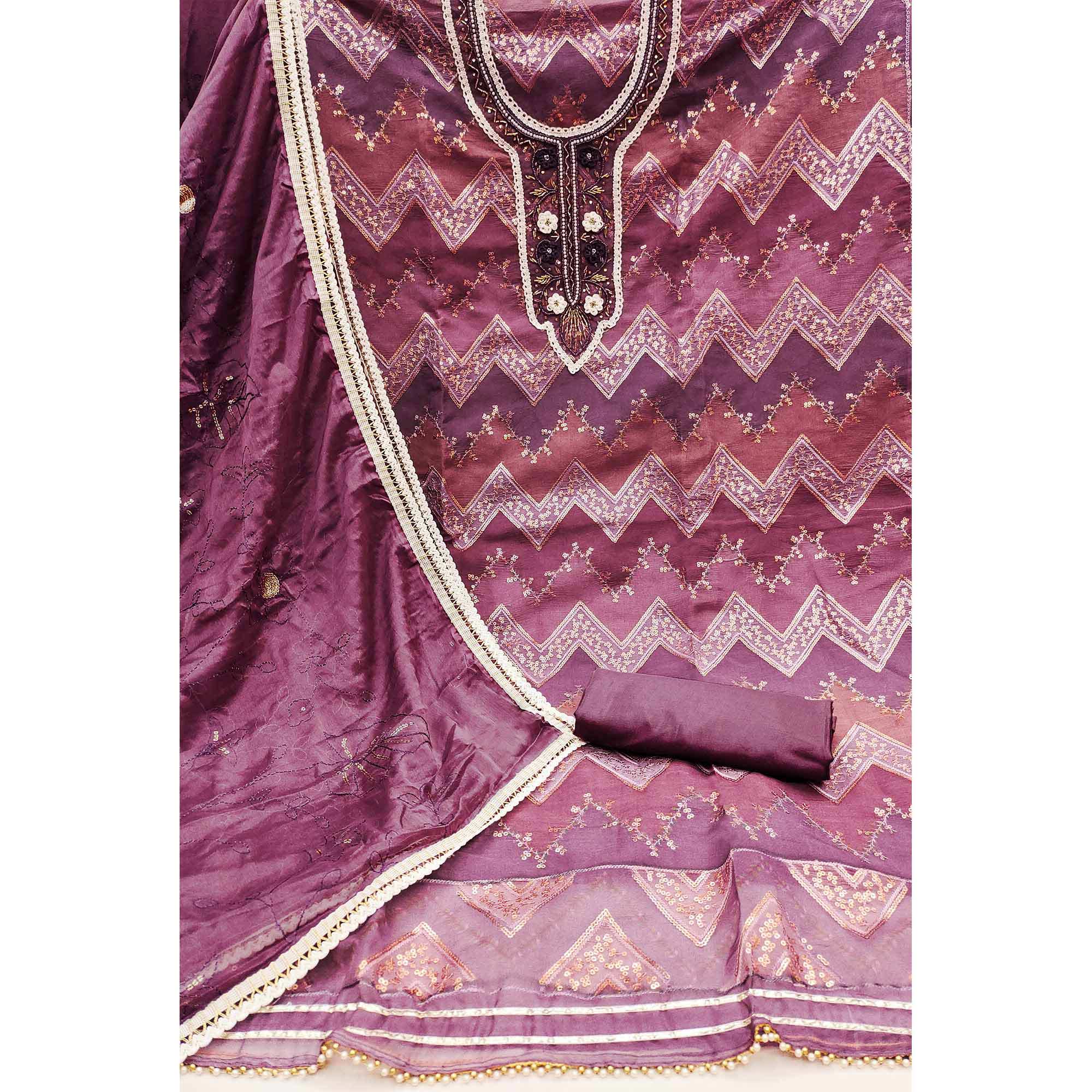 Wine Sequins Embroidered With Handwork Organza Dress Material