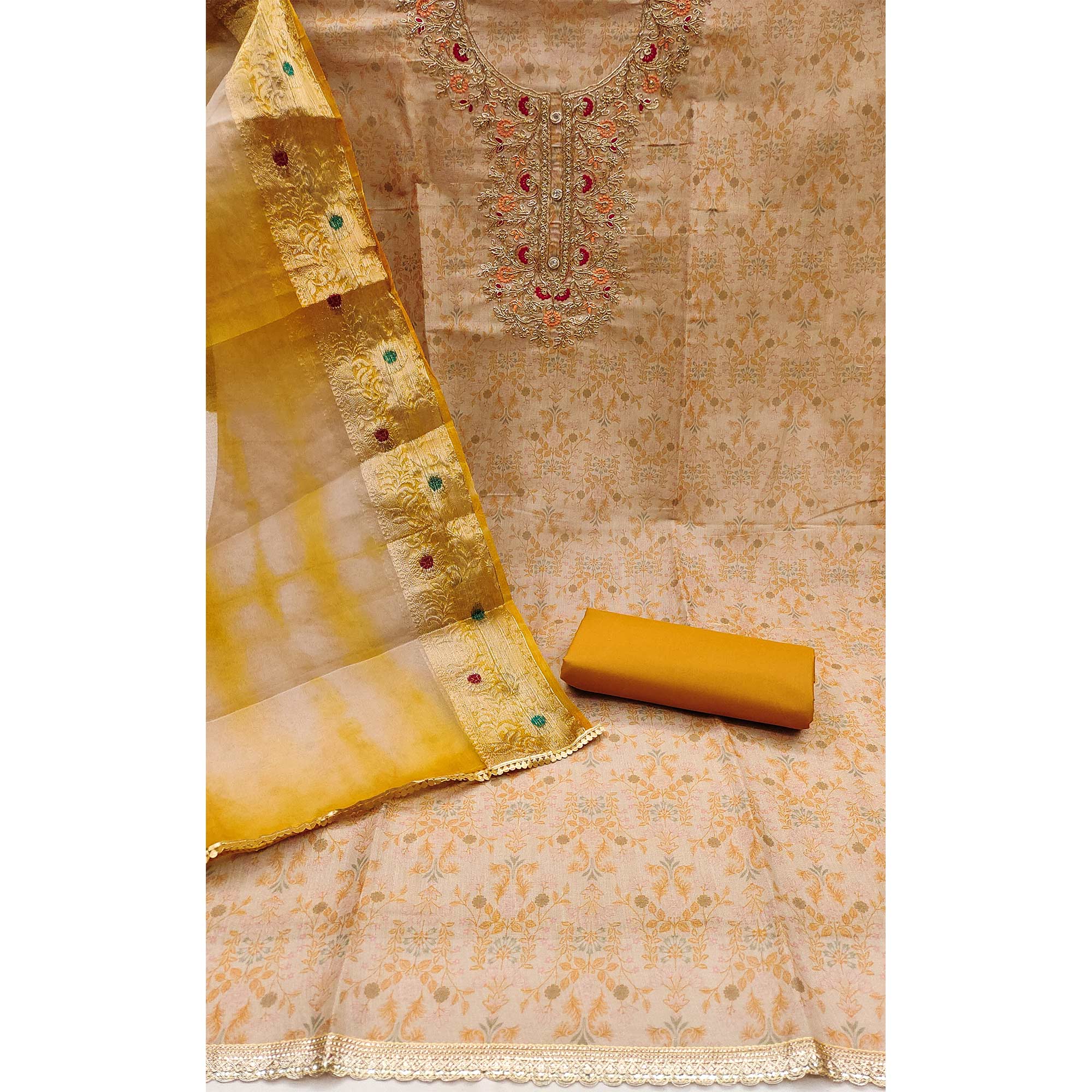 Beige & Mustard Floral Digital Printed With Embroidery Viscose Dress Material
