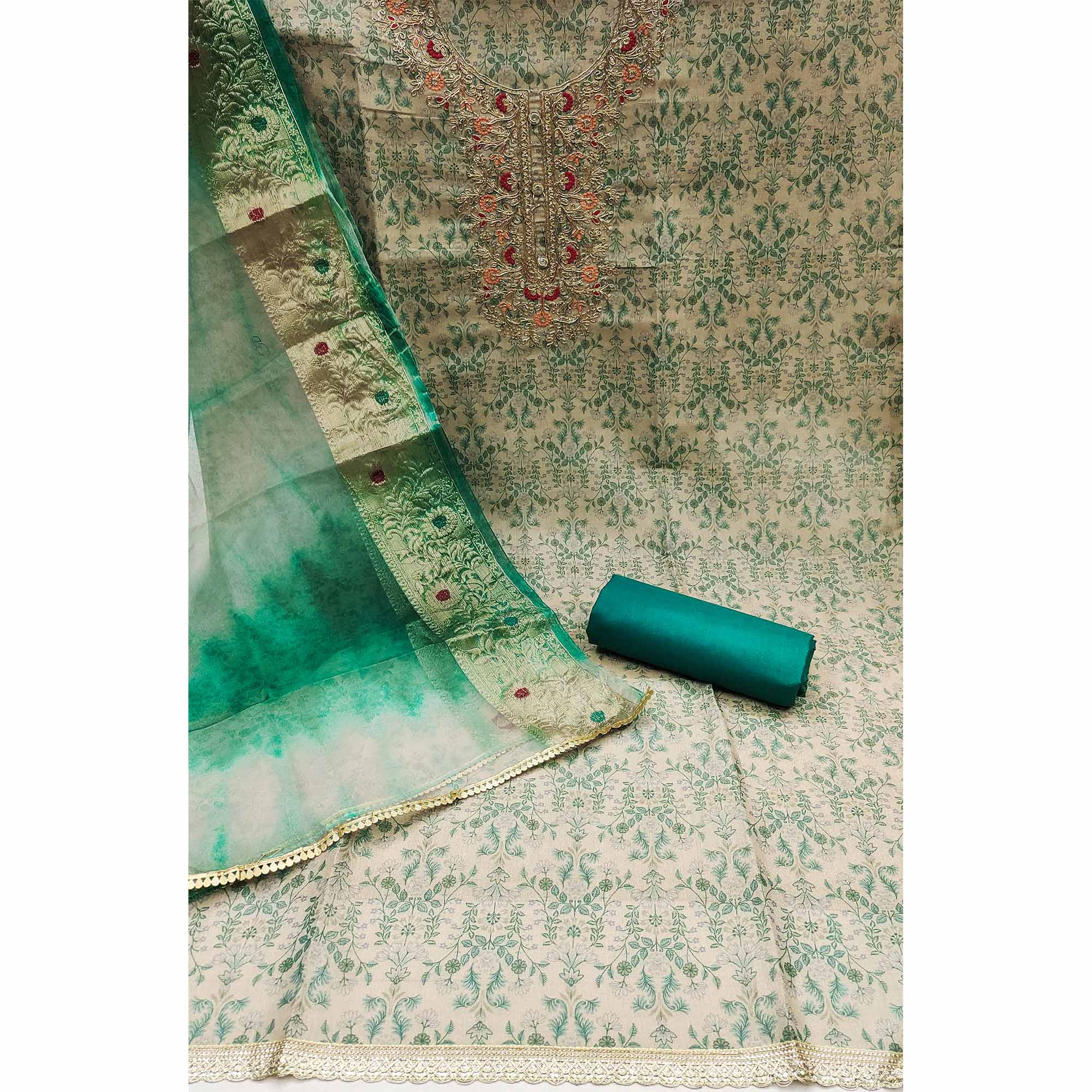 Beige & Rama Green Floral Digital Printed With Embroidery Viscose Dress Material