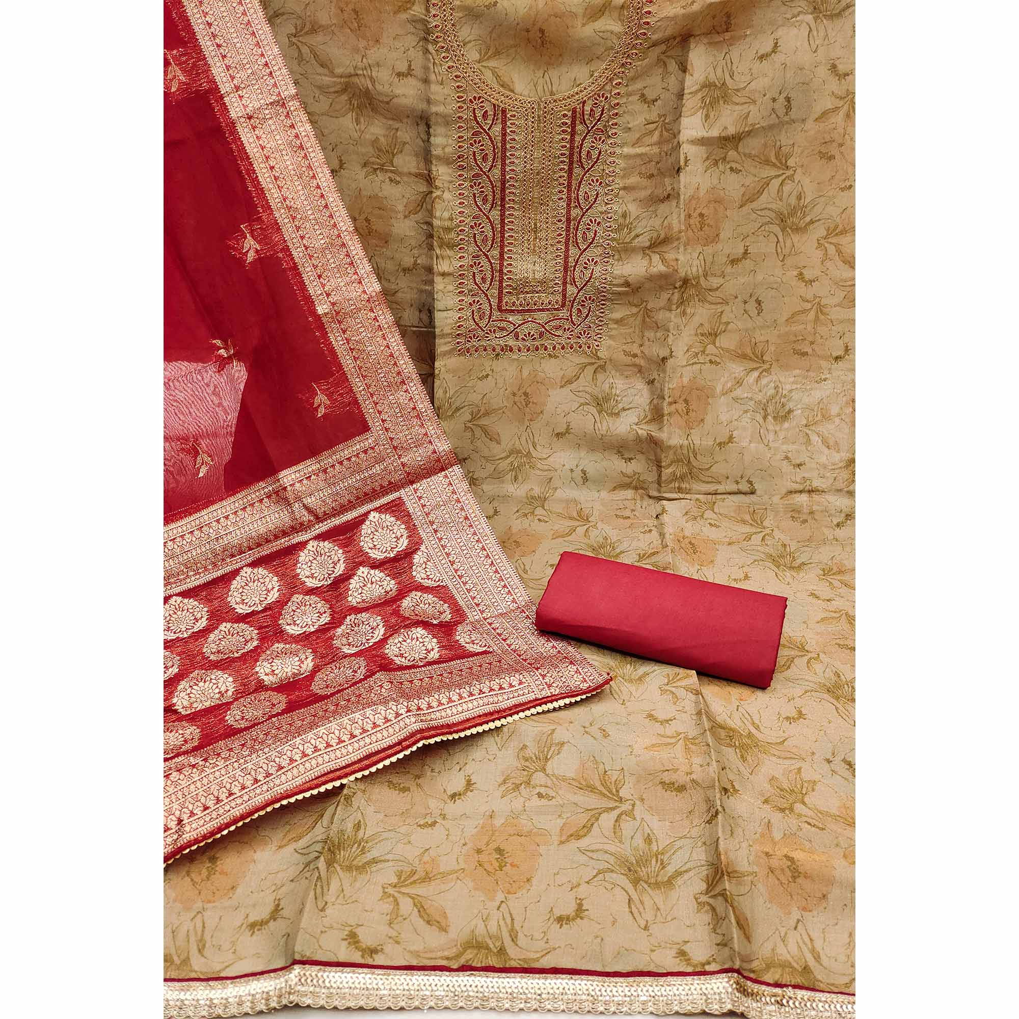 Chikoo Floral Digital Printed With Embroidery Viscose Dress Material