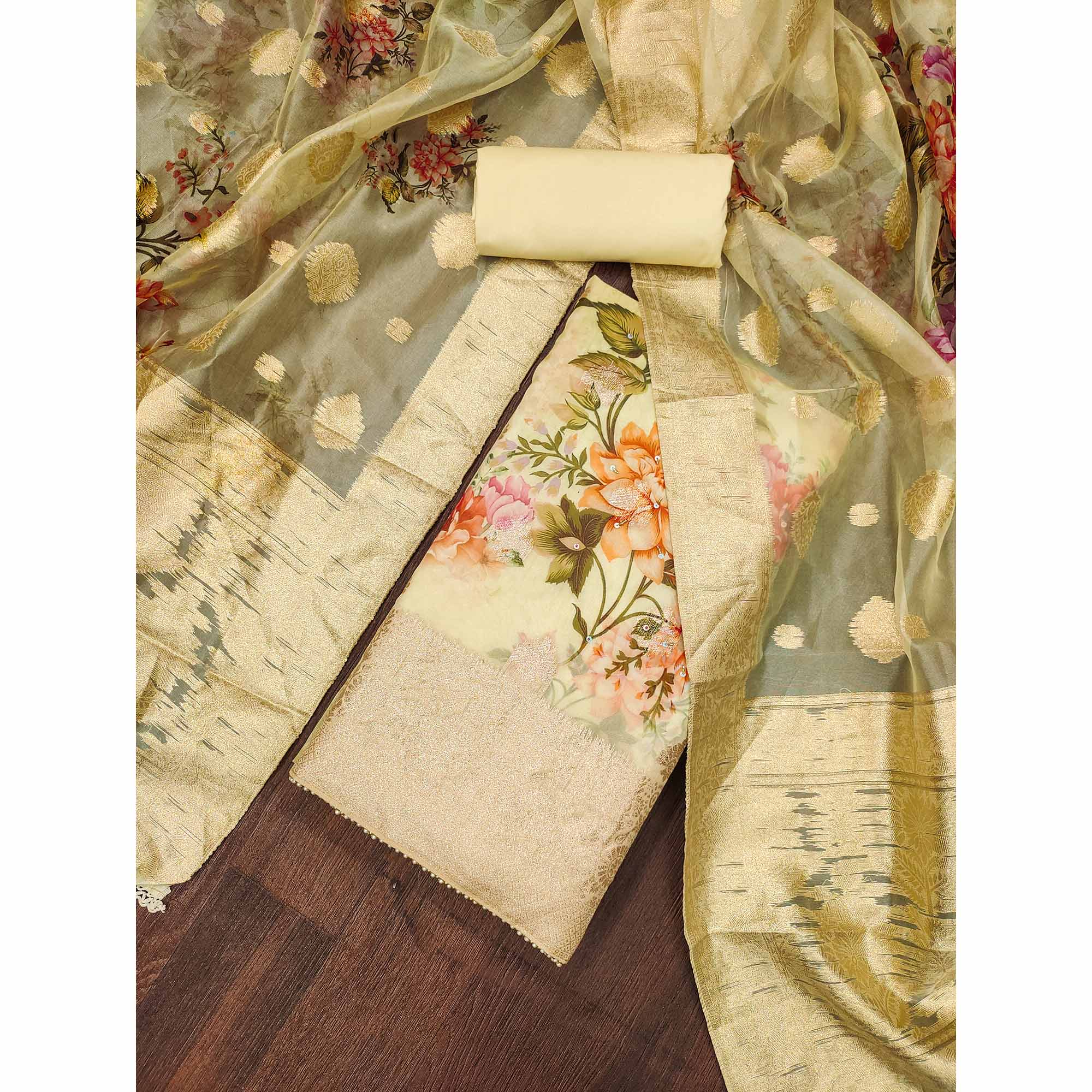 Light Yellow Woven With Digital Printed Organza Dress Material