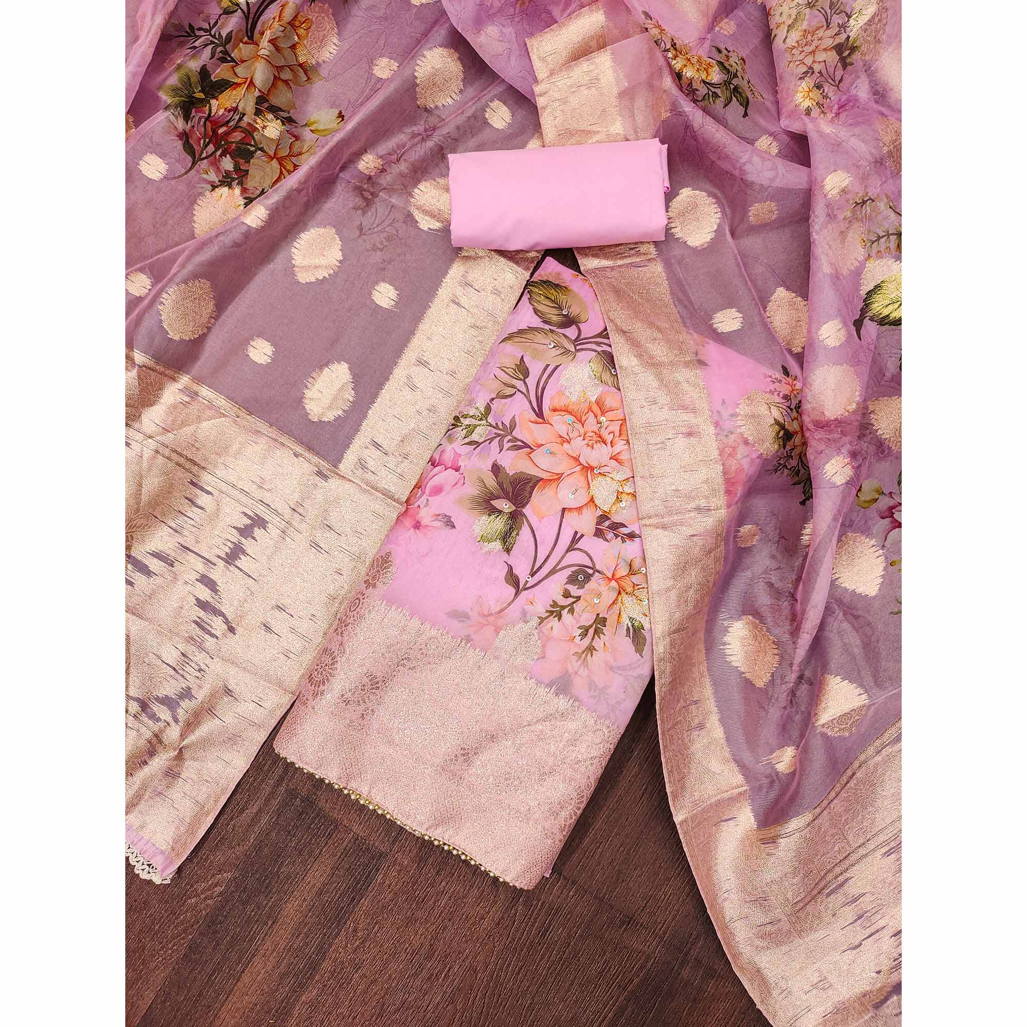 Pink Woven With Digital Printed Organza Dress Material