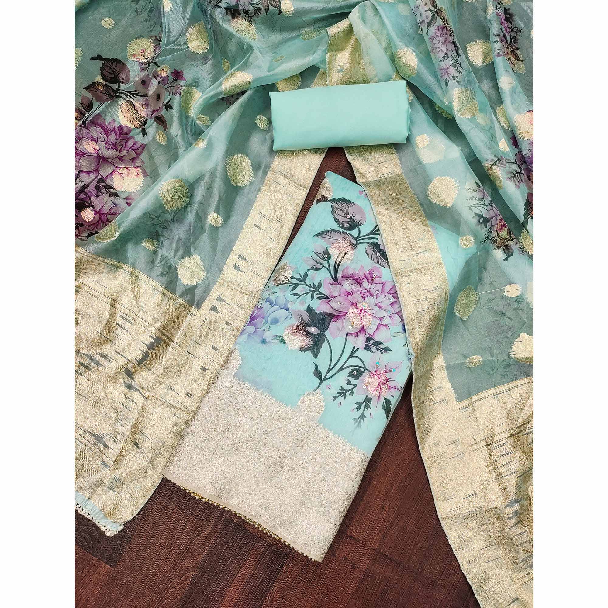 Turquoise Woven With Digital Printed Organza Dress Material
