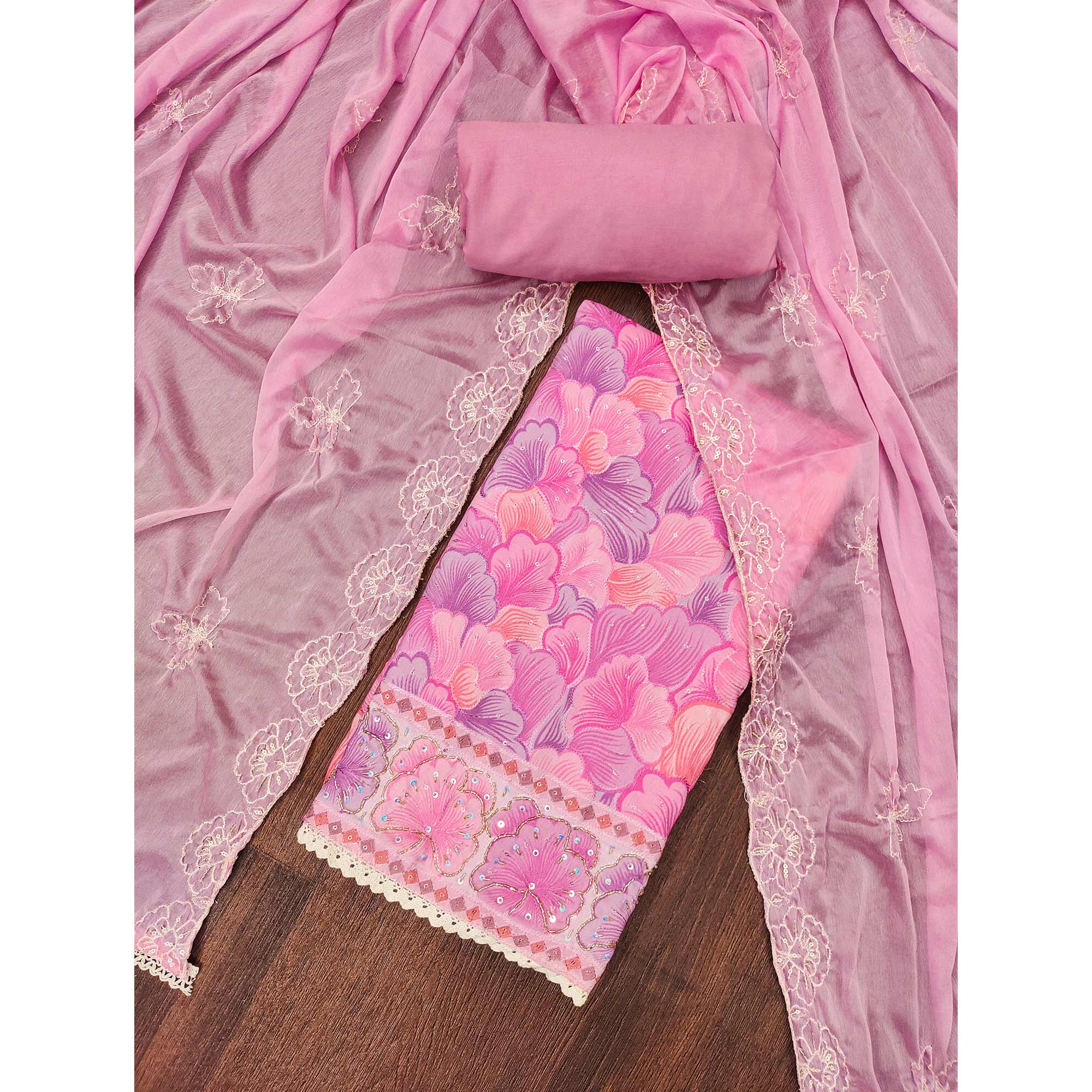 Pink Floral Embroidery With Printed Muslin Dress Material