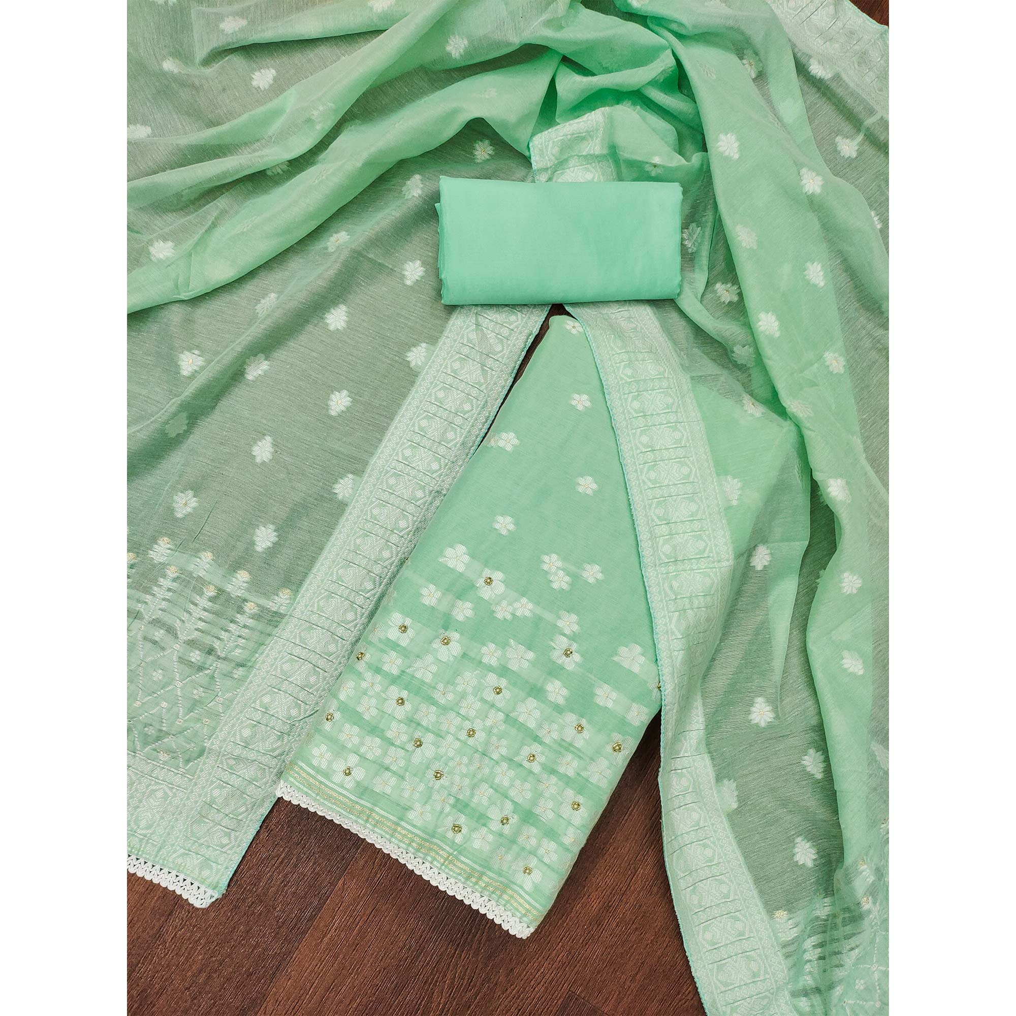 Sea Green Floral Woven With Hand Embroidered Muslin Dress Material