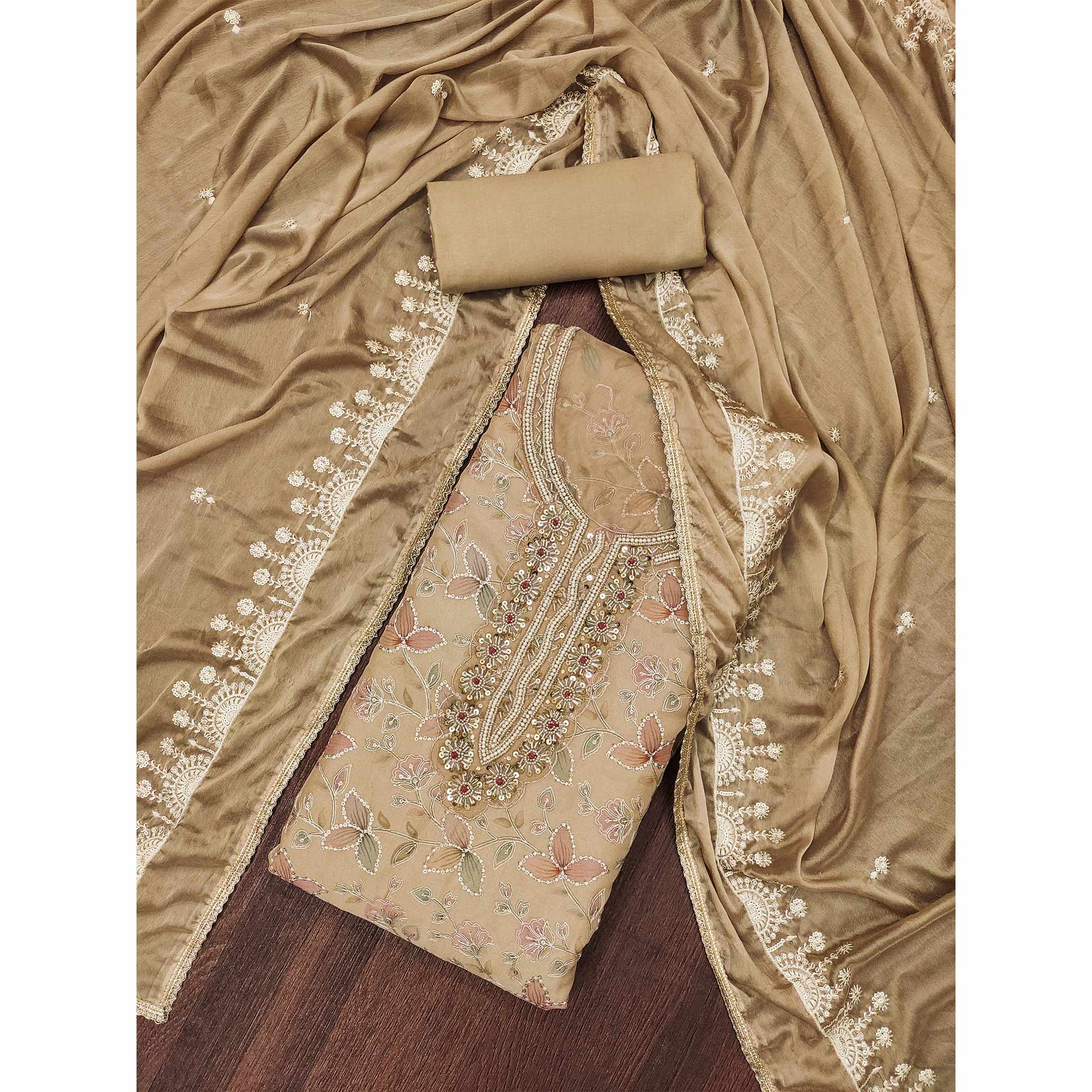 Chikoo Floral Hand Embroidered Organza Dress Material