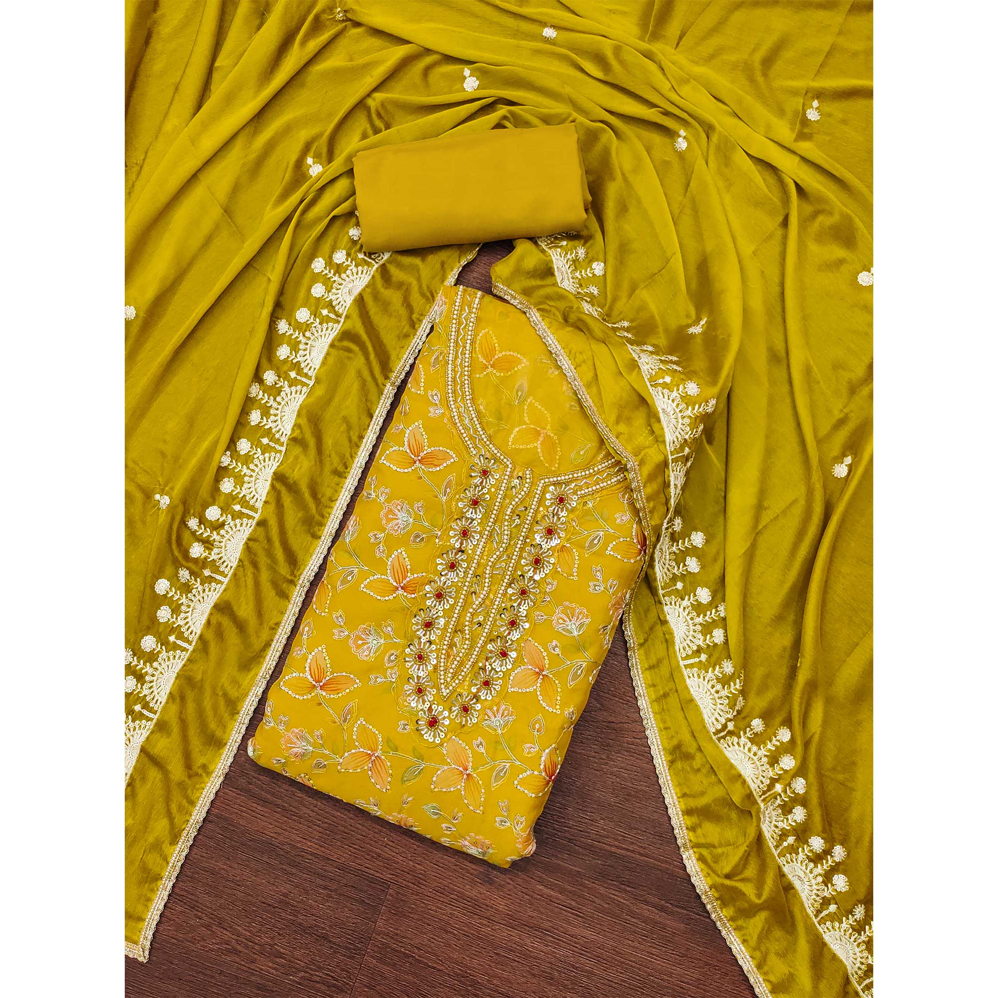 Mustard Floral Hand Embroidered Organza Dress Material