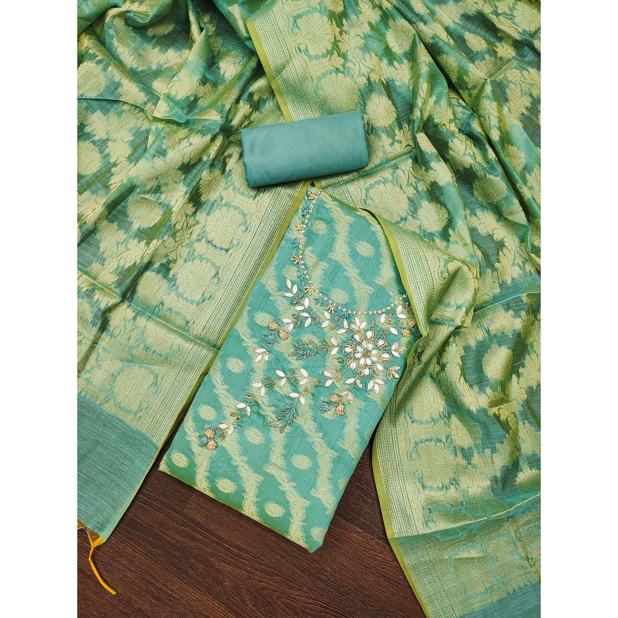 Turquoise Woven With Hand Embroidered Chanderi Silk Dress Material