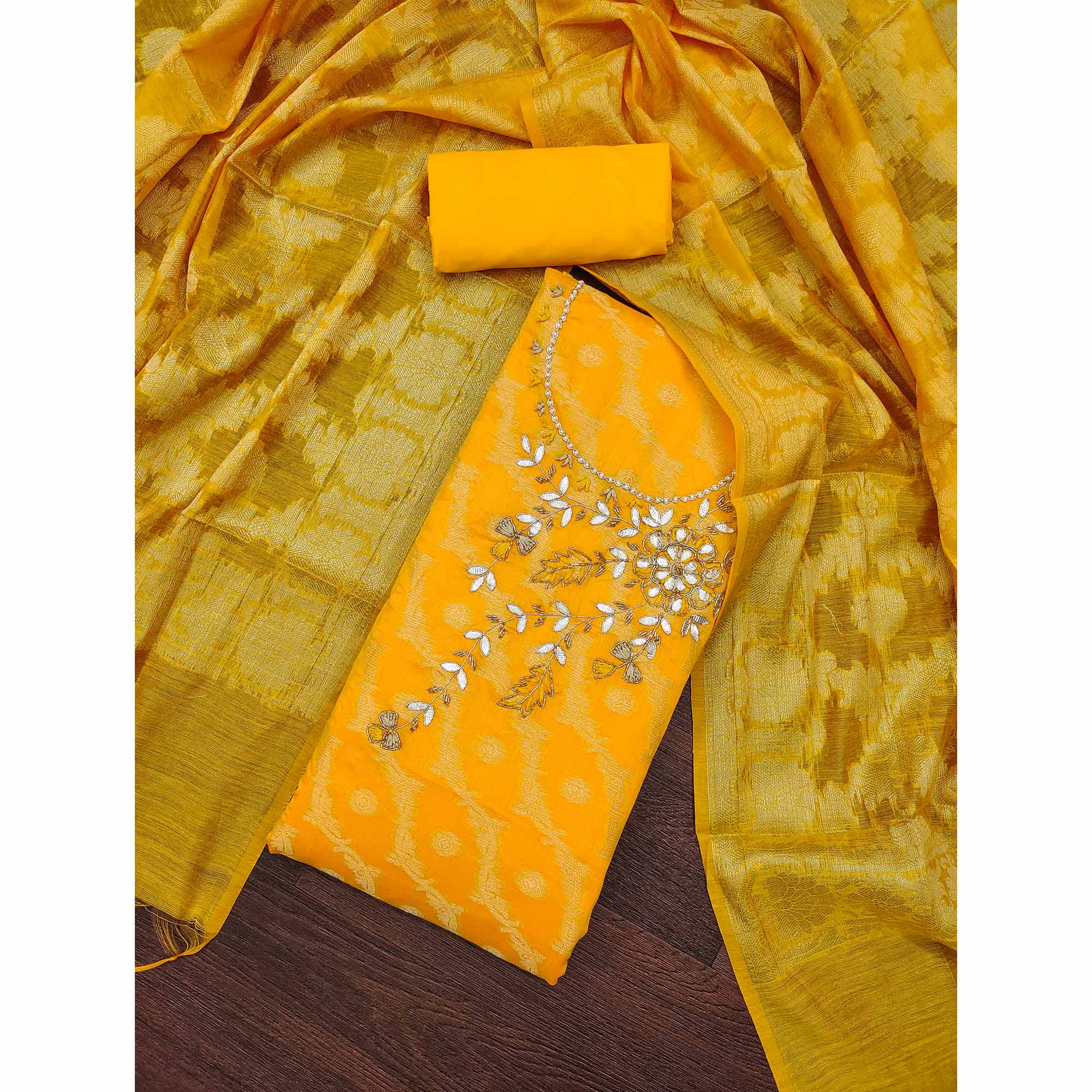Yellow Woven With Hand Embroidered Chanderi Silk Dress Material