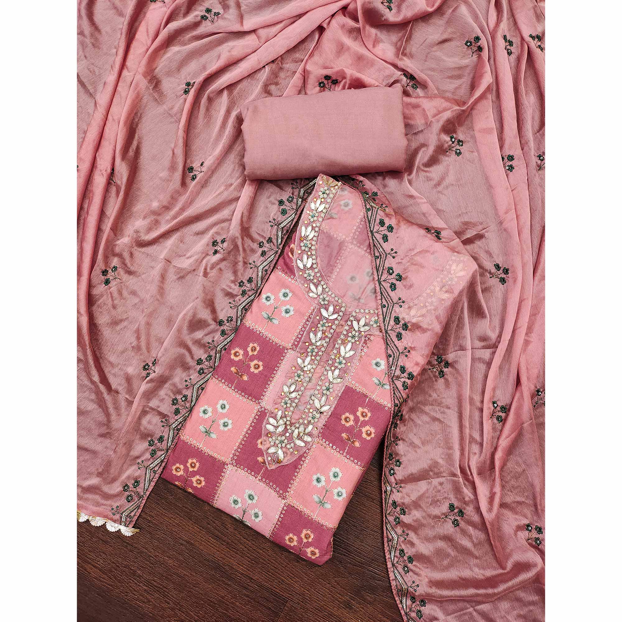 Peach Floral Hand Embroidered Muslin Dress Material