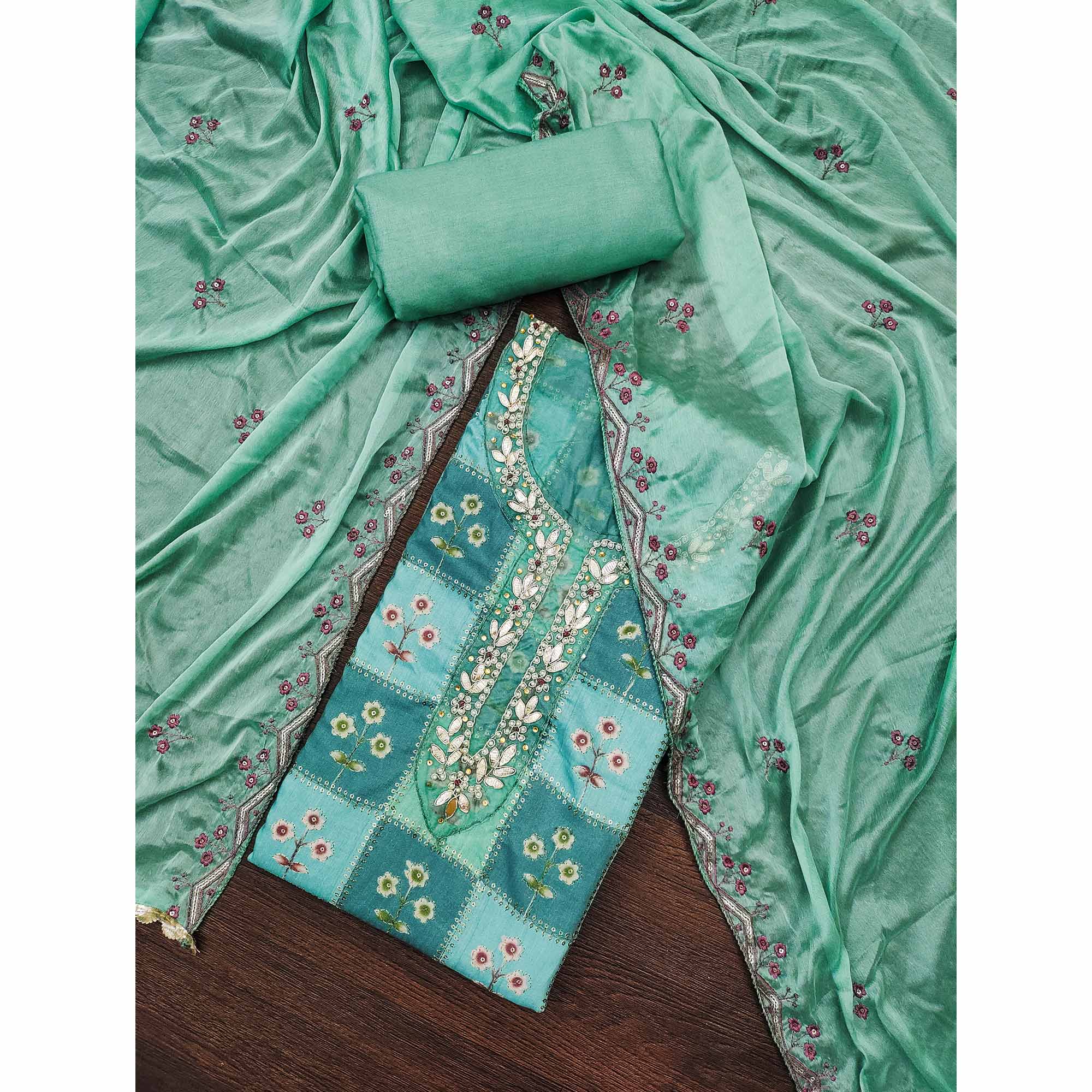 Turquoise Floral Hand Embroidered Muslin Dress Material