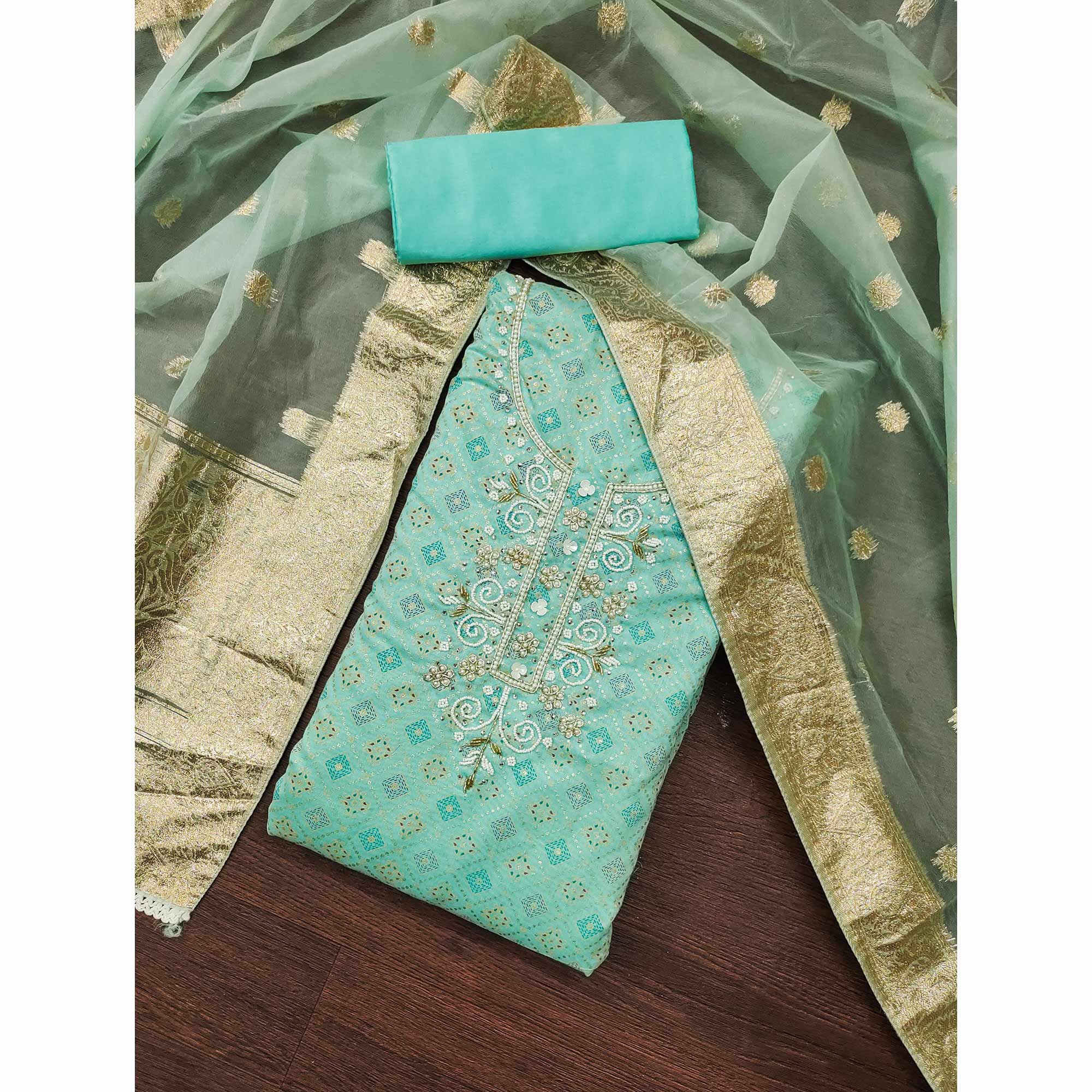 Turquoise Printed With Hand Embroidered Muslin Dress Material