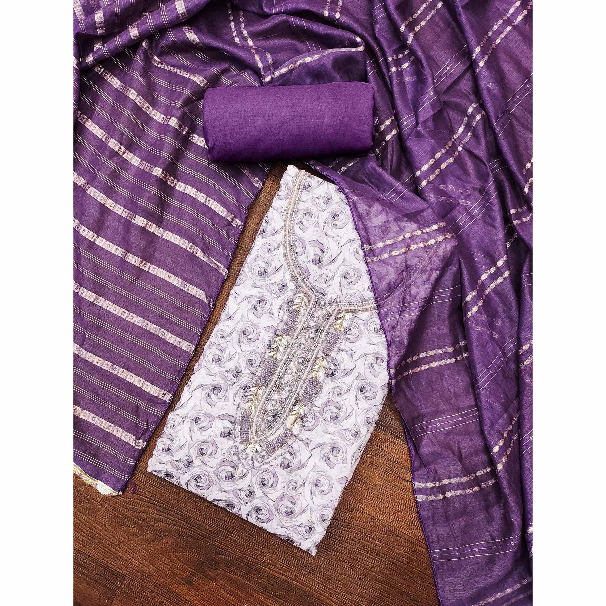 Purple Digital Printed With Hand Embroidered Muslin Dress Material