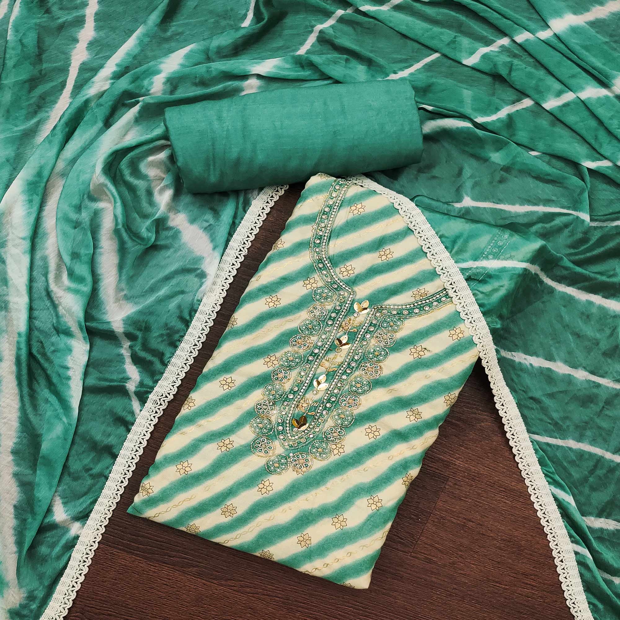 Green Printed With Hand Embroidered Pure Cotton Dress Material