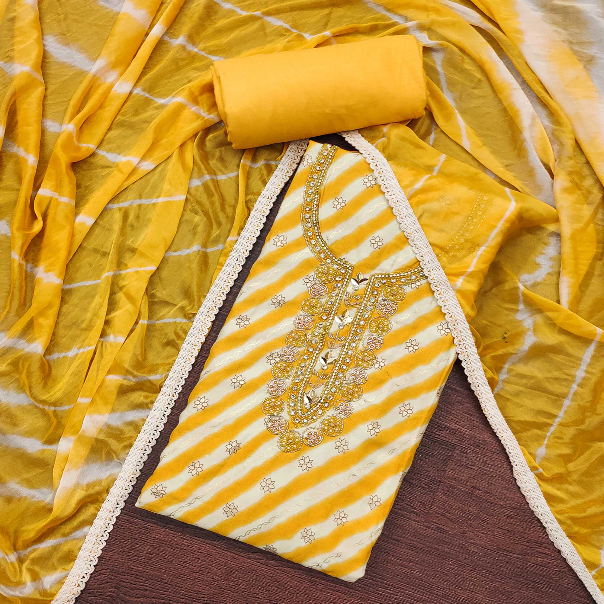 Yellow Printed With Hand Embroidered Pure Cotton Dress Material