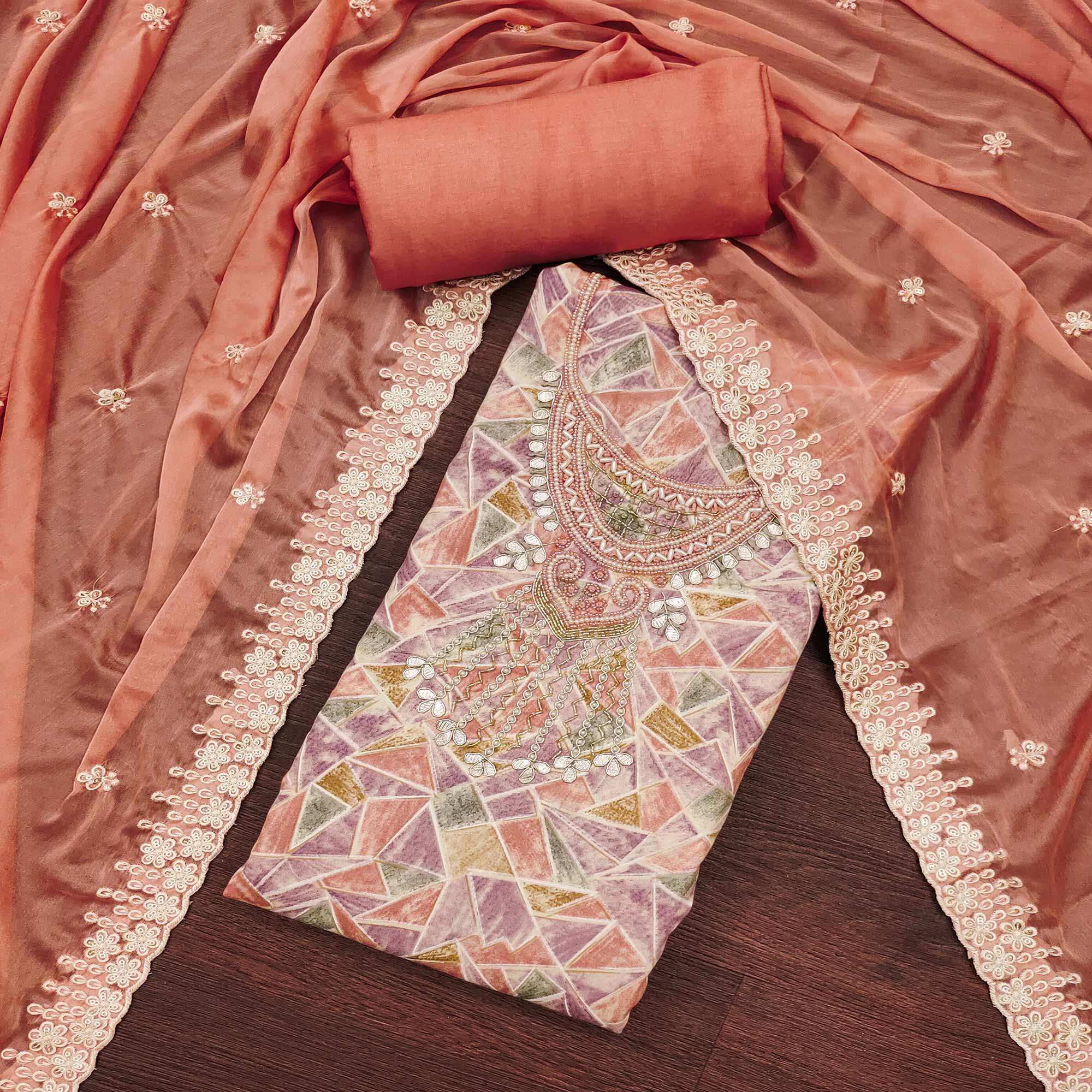 Peach Geometric Printed With Handwork Pure Cotton Dress Material