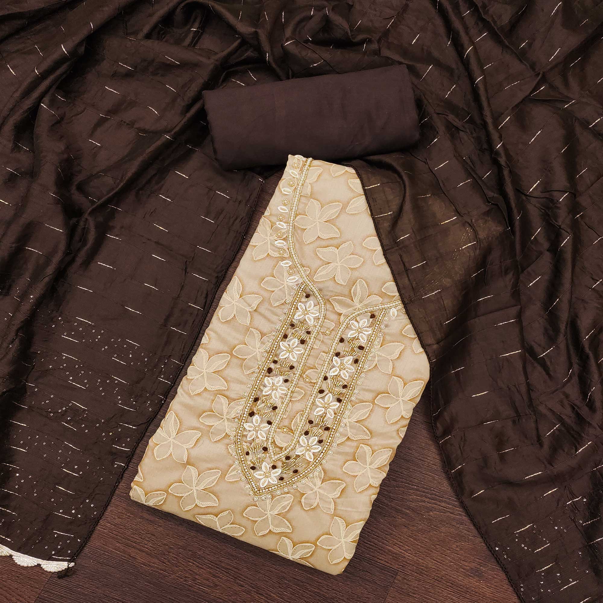 Beige Floral Printed With Hand Embroidery Chanderi Dress Material