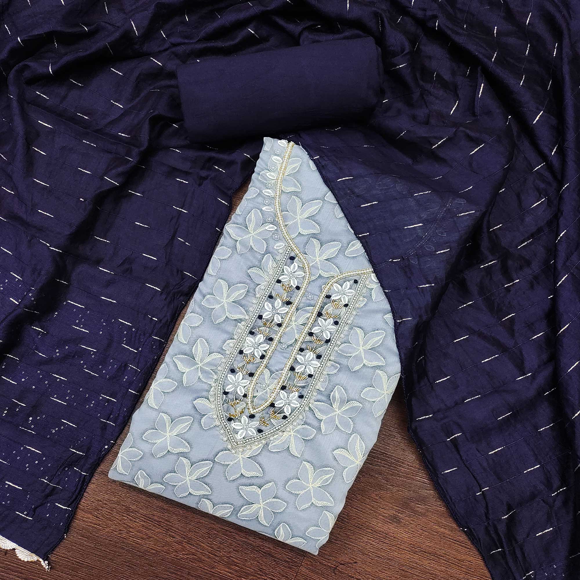 Blue Floral Printed With Hand Embroidery Chanderi Dress Material